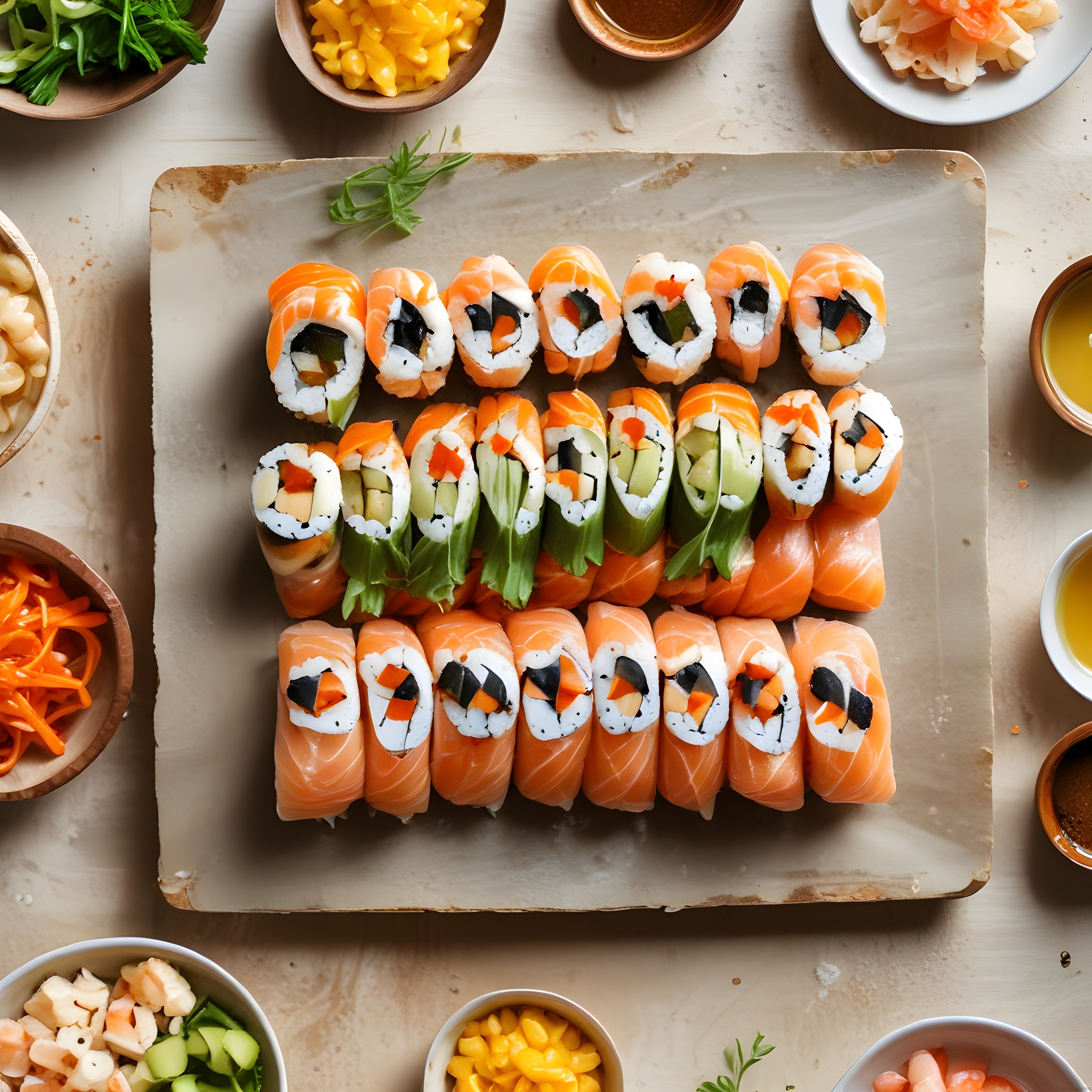 Taze somonlu sushi ve sebzeli makilerden oluşan renkli japon mutfağı sunumu