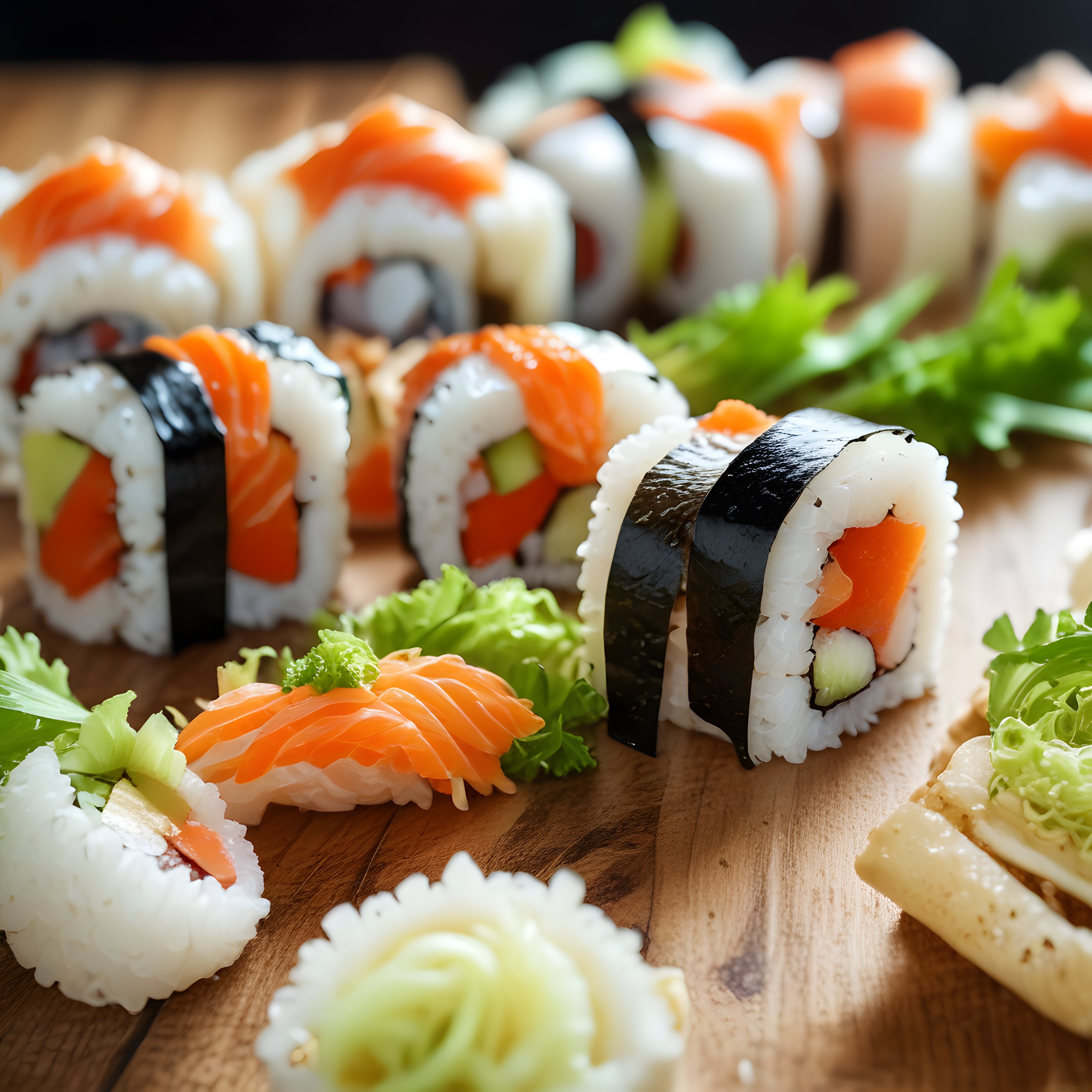 Taze Somonlu Suşi Çeşitleri: Ahşap Sunum Üzerinde Maki ve Nigiri Lezzeti