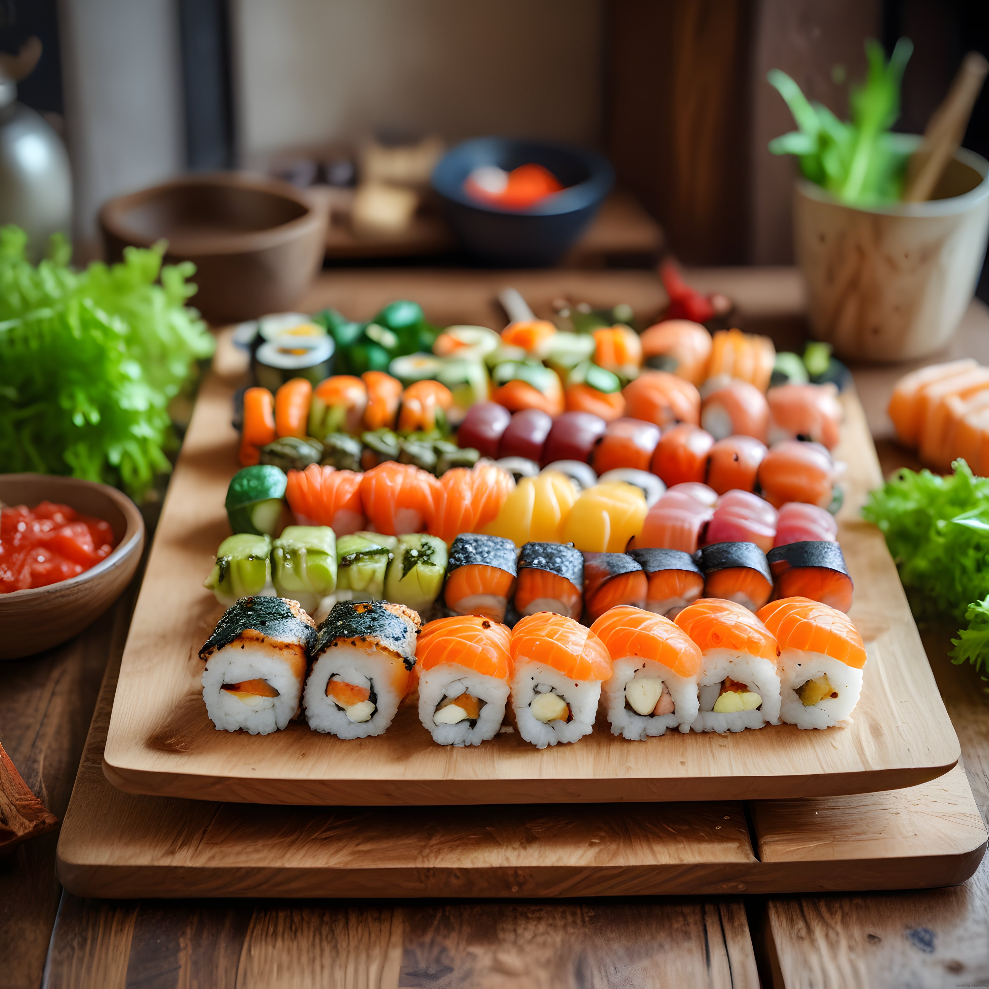 Taze Somonlu ve Avokadolu Çeşitli Sushi Tabağı: Japon Mutfağından Lezzetli Sunum