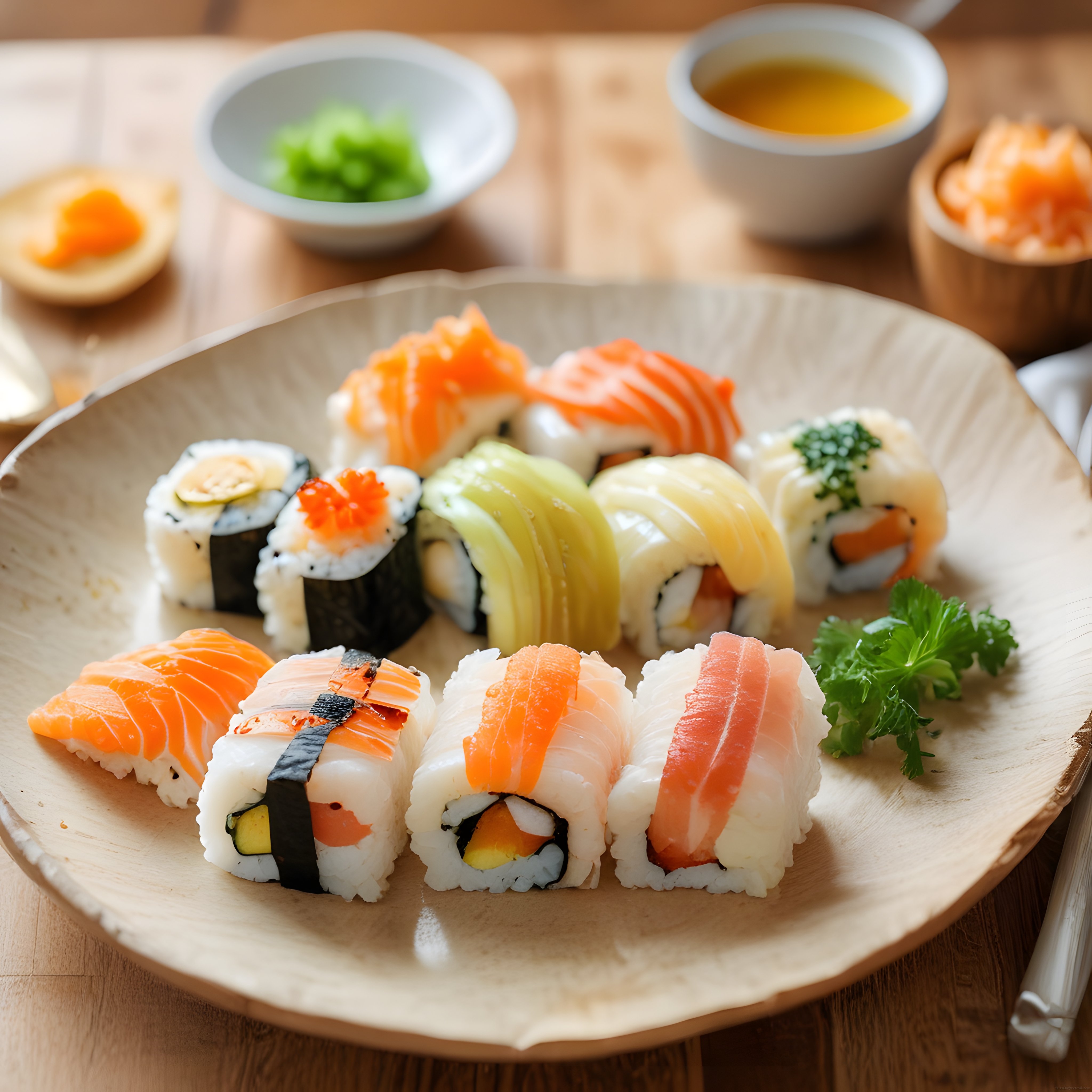 Taze Somonlu ve Avokadolu Sushi Çeşitleri Ahşap Sunum Tabağında