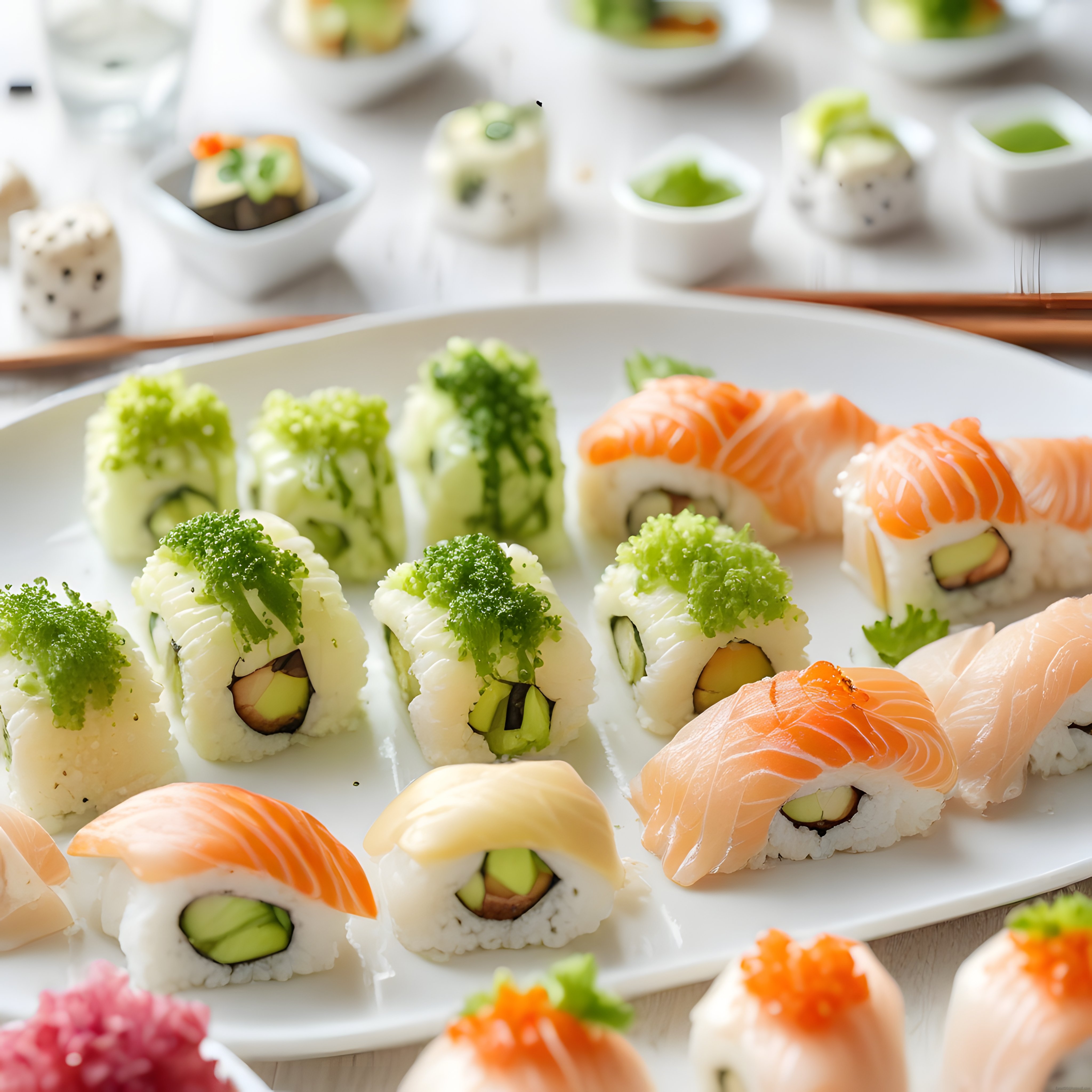 Taze Somonlu ve Avokadolu Sushi Çeşitleriyle Donatılmış Şık Bir Sunum
