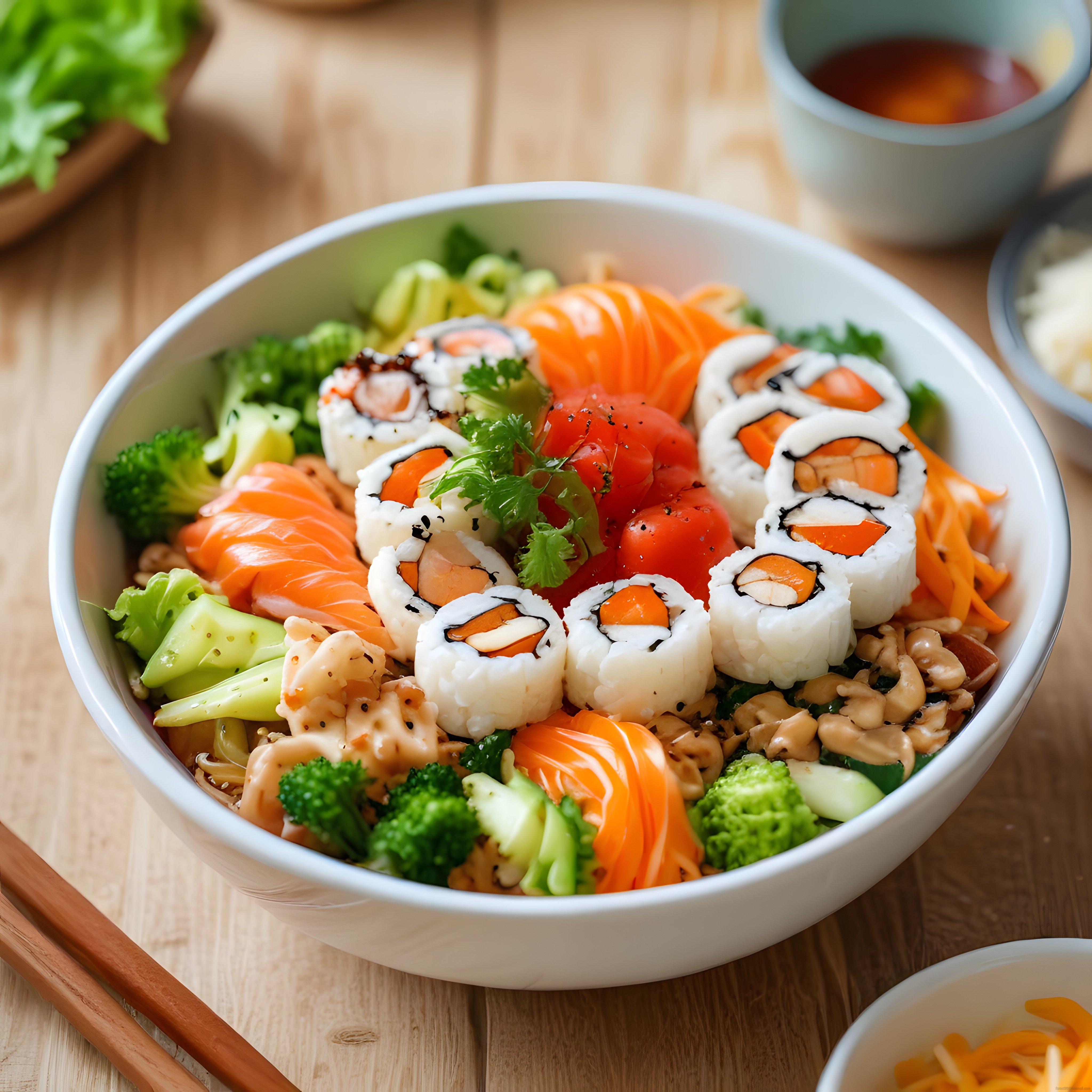 Taze Somonlu ve Brokolili Renkli Sushi Kase: Japon Mutfağından Eşsiz Lezzet