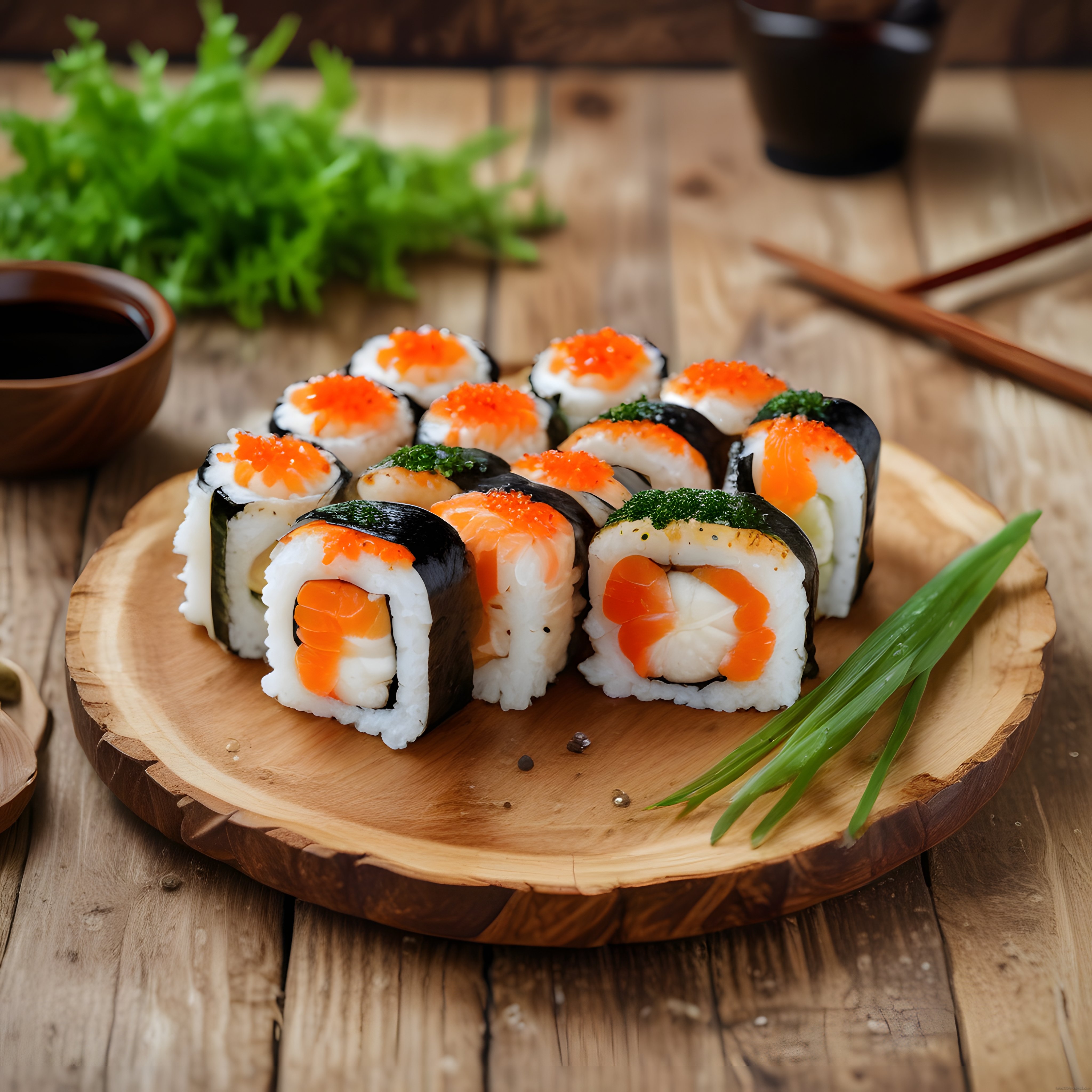 Taze Somonlu ve Havyarlı Maki Sushi Çeşitleri Ahşap Sunum Tahtasında