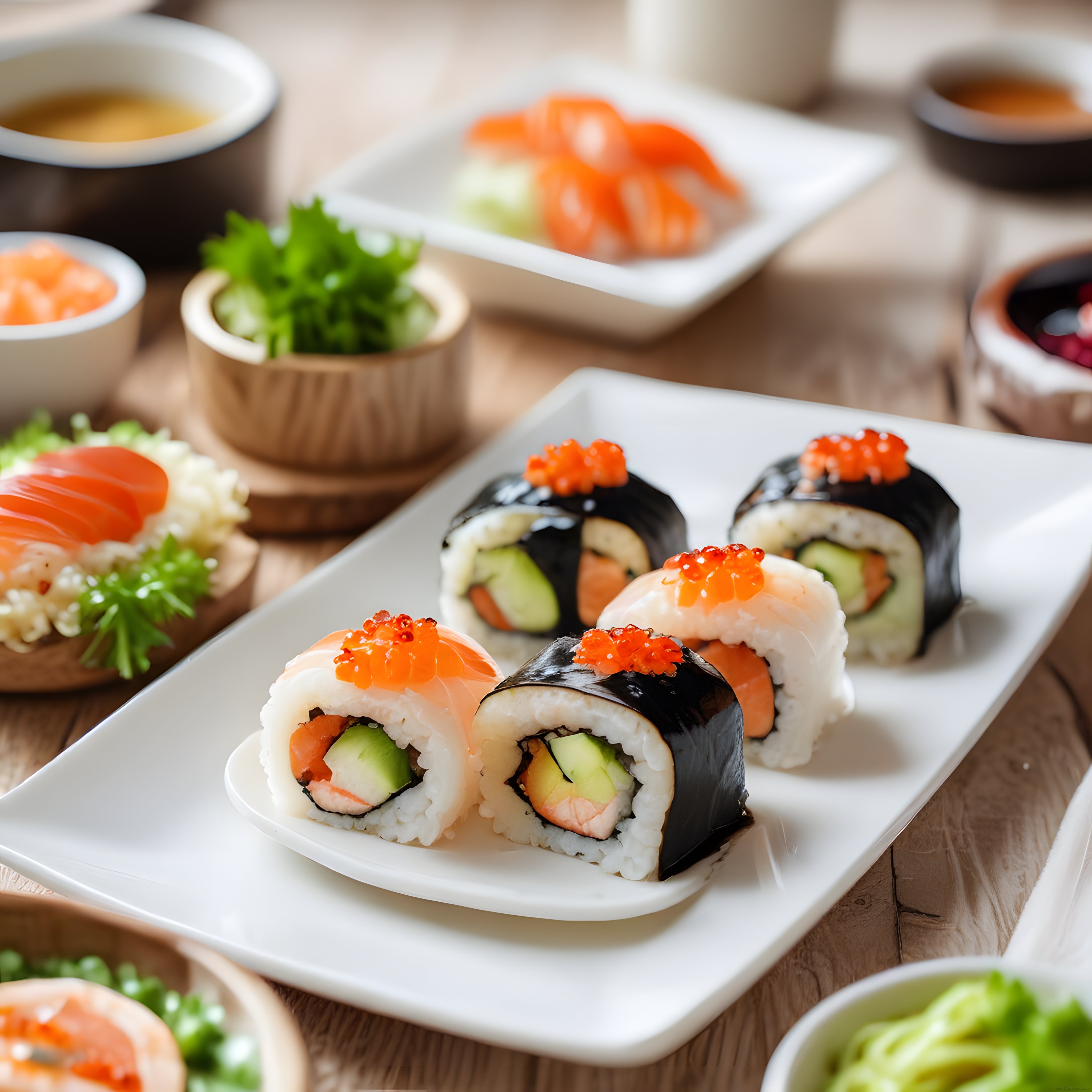 Taze somonlu ve kırmızı havyarlı özenle hazırlanmış sushi çeşitleri şık sunumuyla