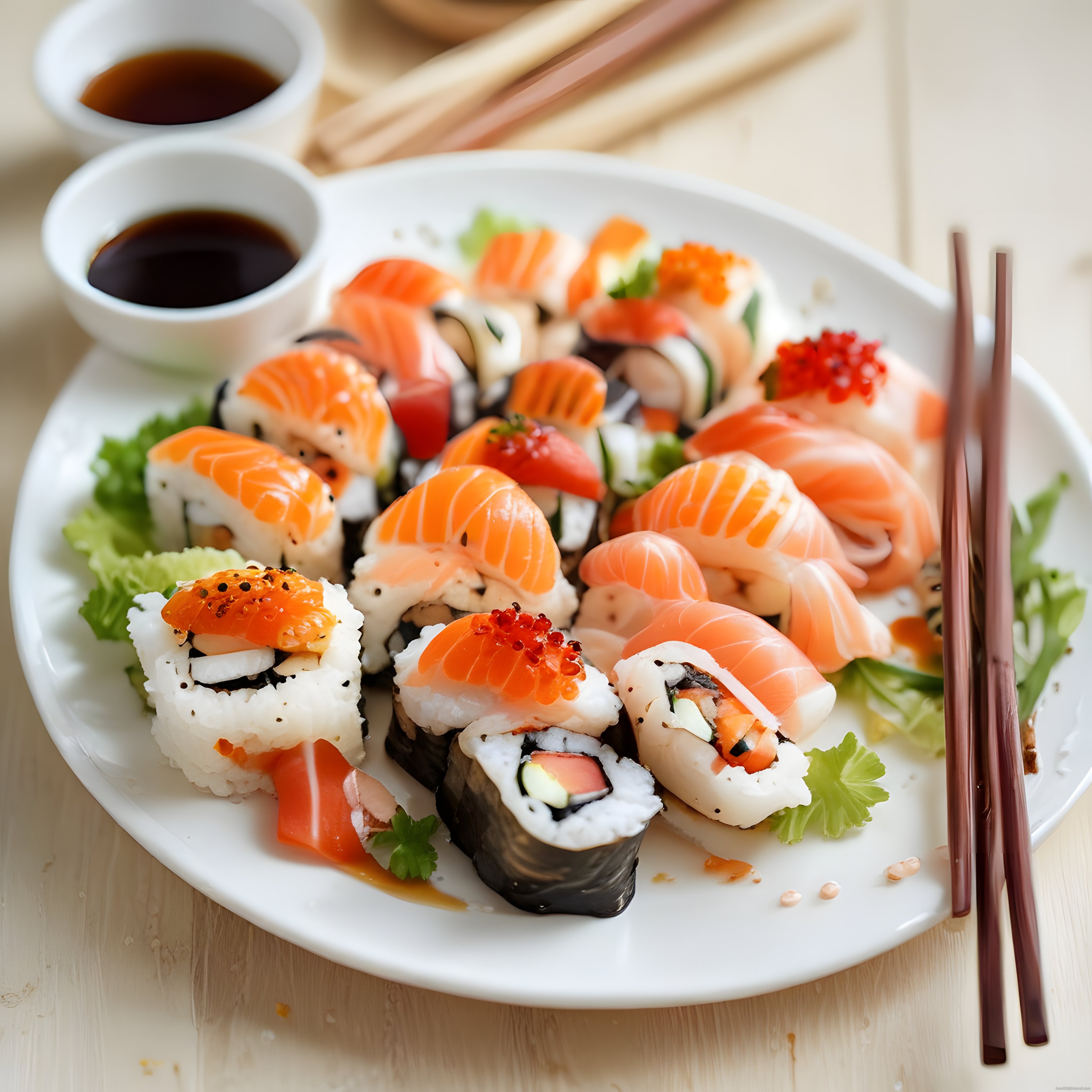 Taze somonlu ve kırmızı havyarlı sushi, soya sosu ve çöp şişlerle servis