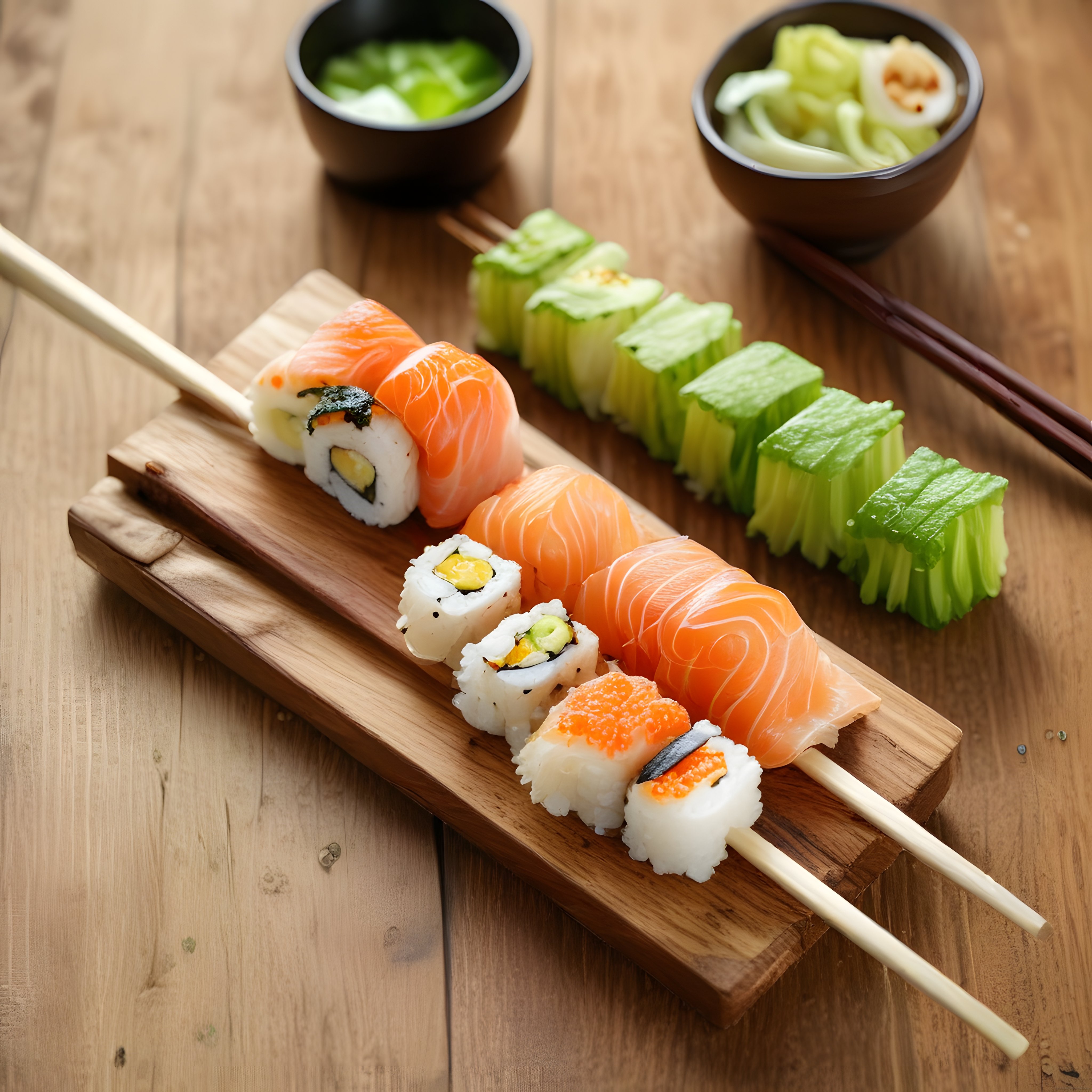 Taze Somonlu ve Sebzeli Sushi Çeşitleri: Ahşap Sunum Tahtasında Japon Lezzeti