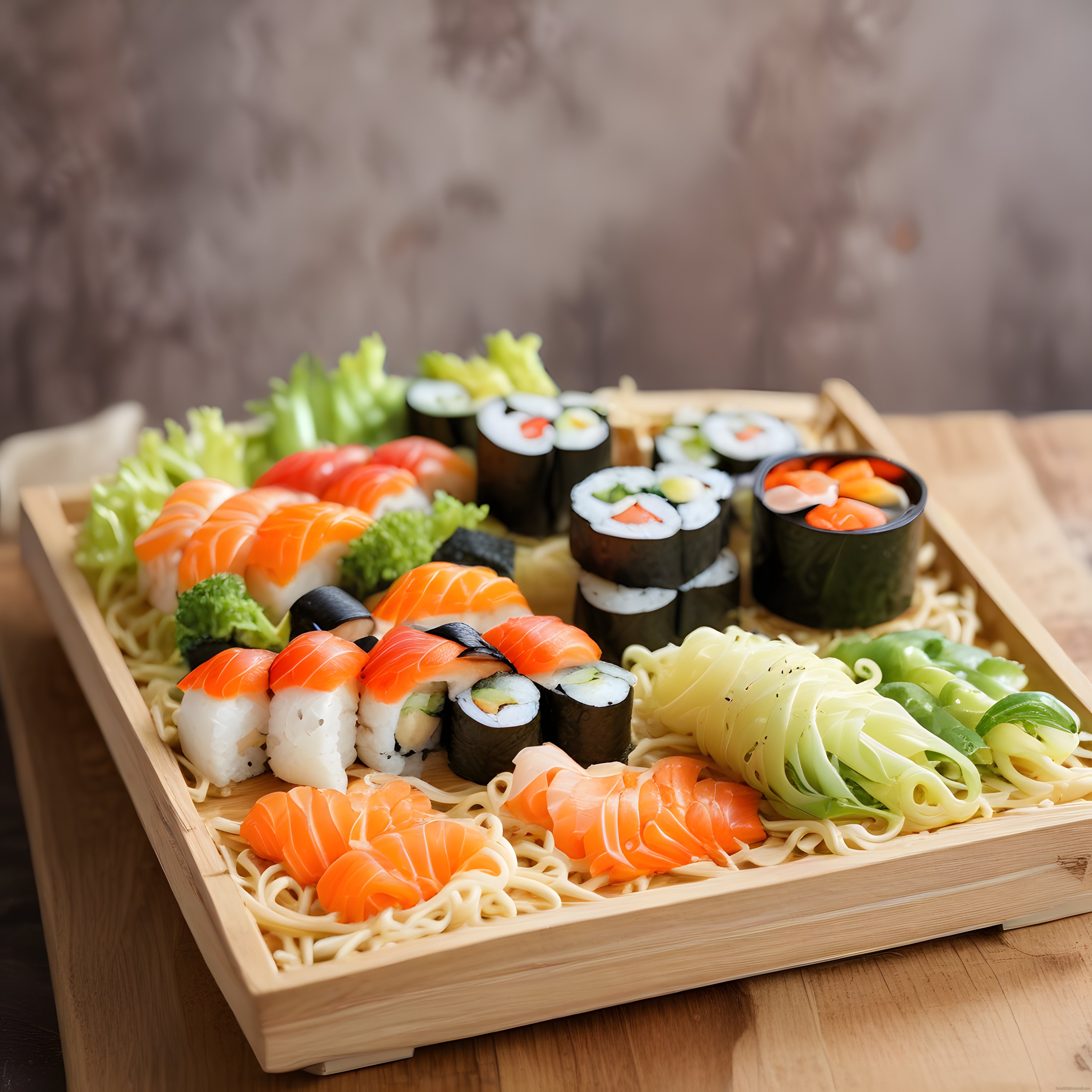 Taze Somonlu ve Sebzeli Sushi Çeşitleri Sunan Gösterişli Japon Tabağı