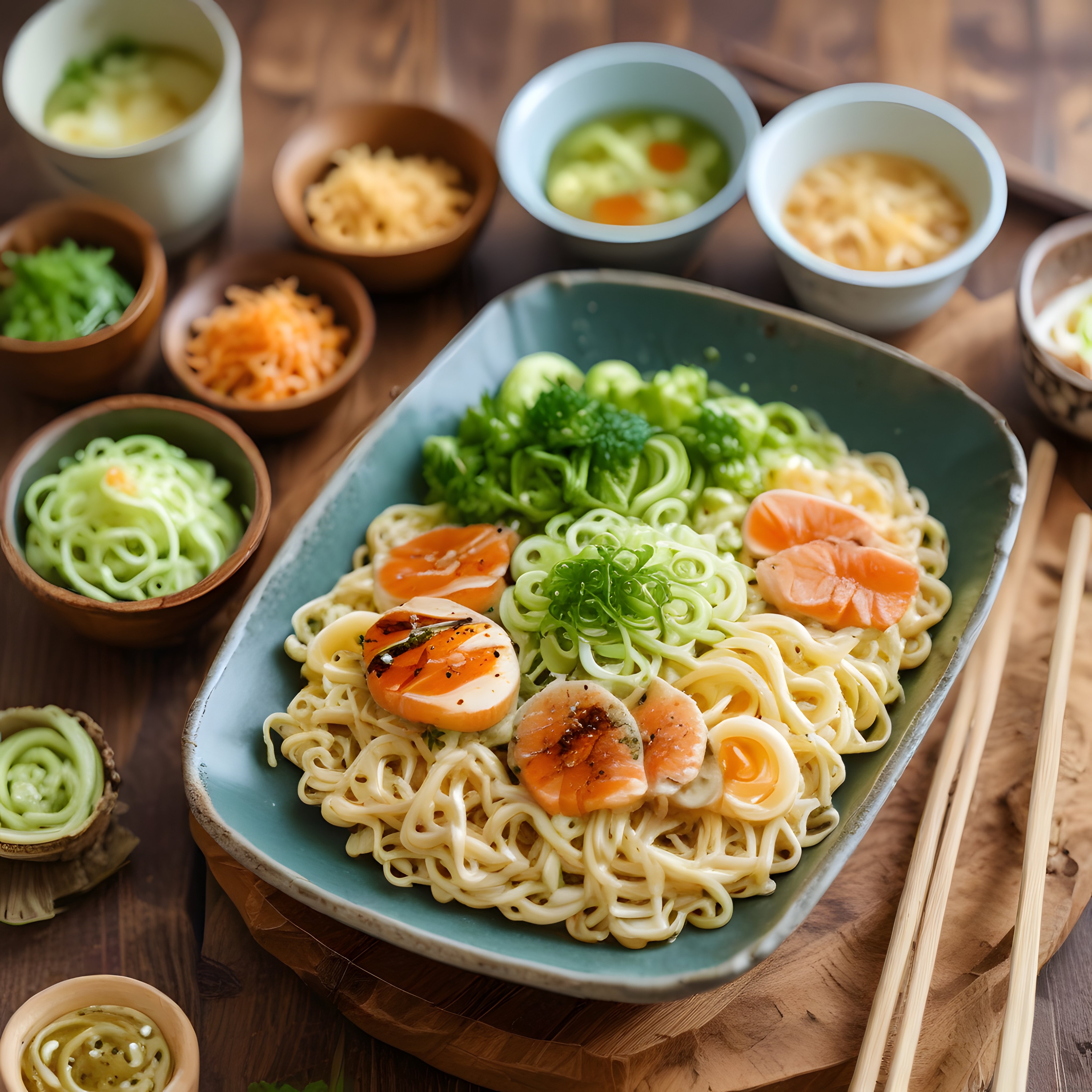 Taze Somonlu ve Yumurtalı Japon Eriştesi Kasesi: Ev Yapımı Ramen Sunumu