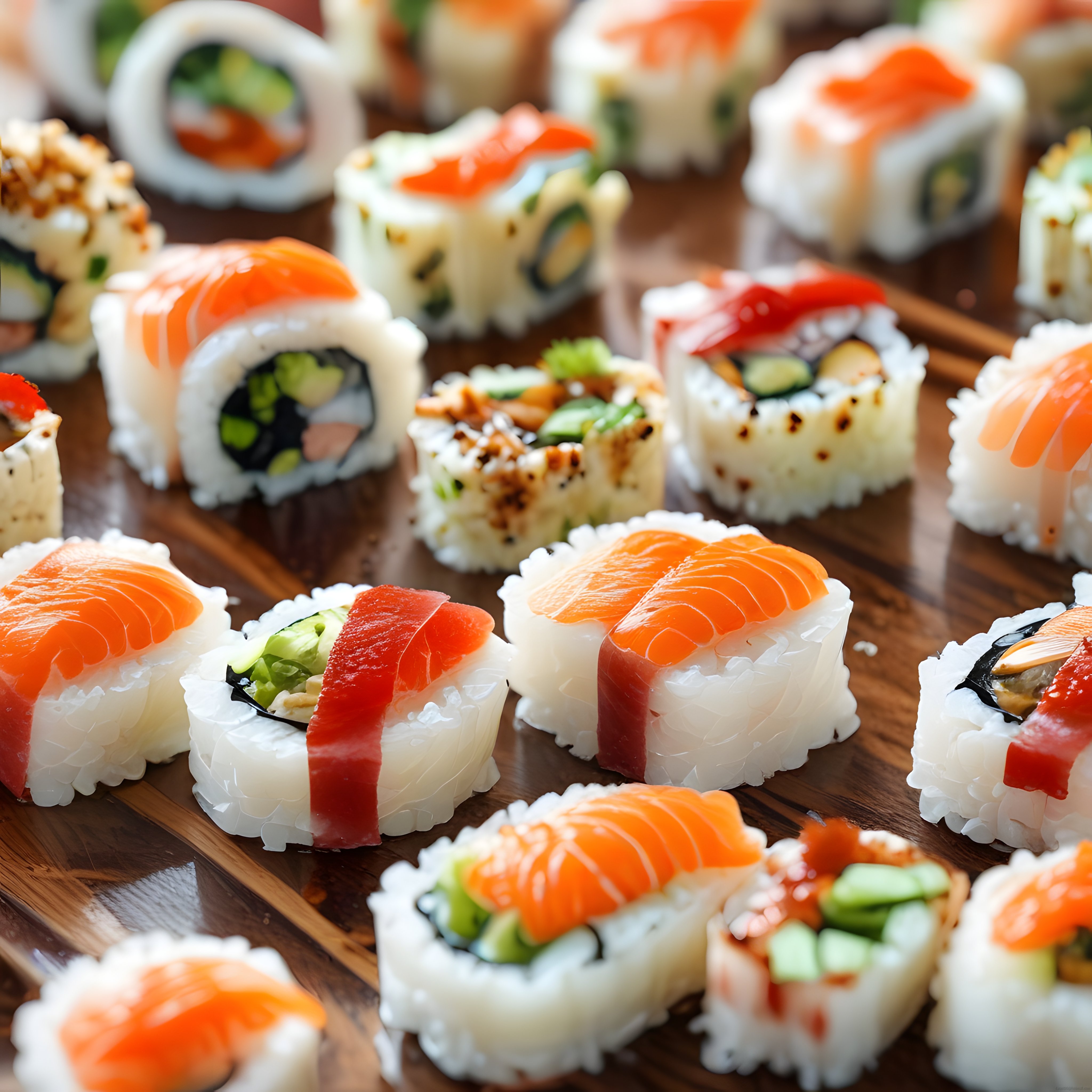 Taze sushi çeşitleri: Somonlu, ton balıklı ve avokadolu roll'lar ahşap tepside