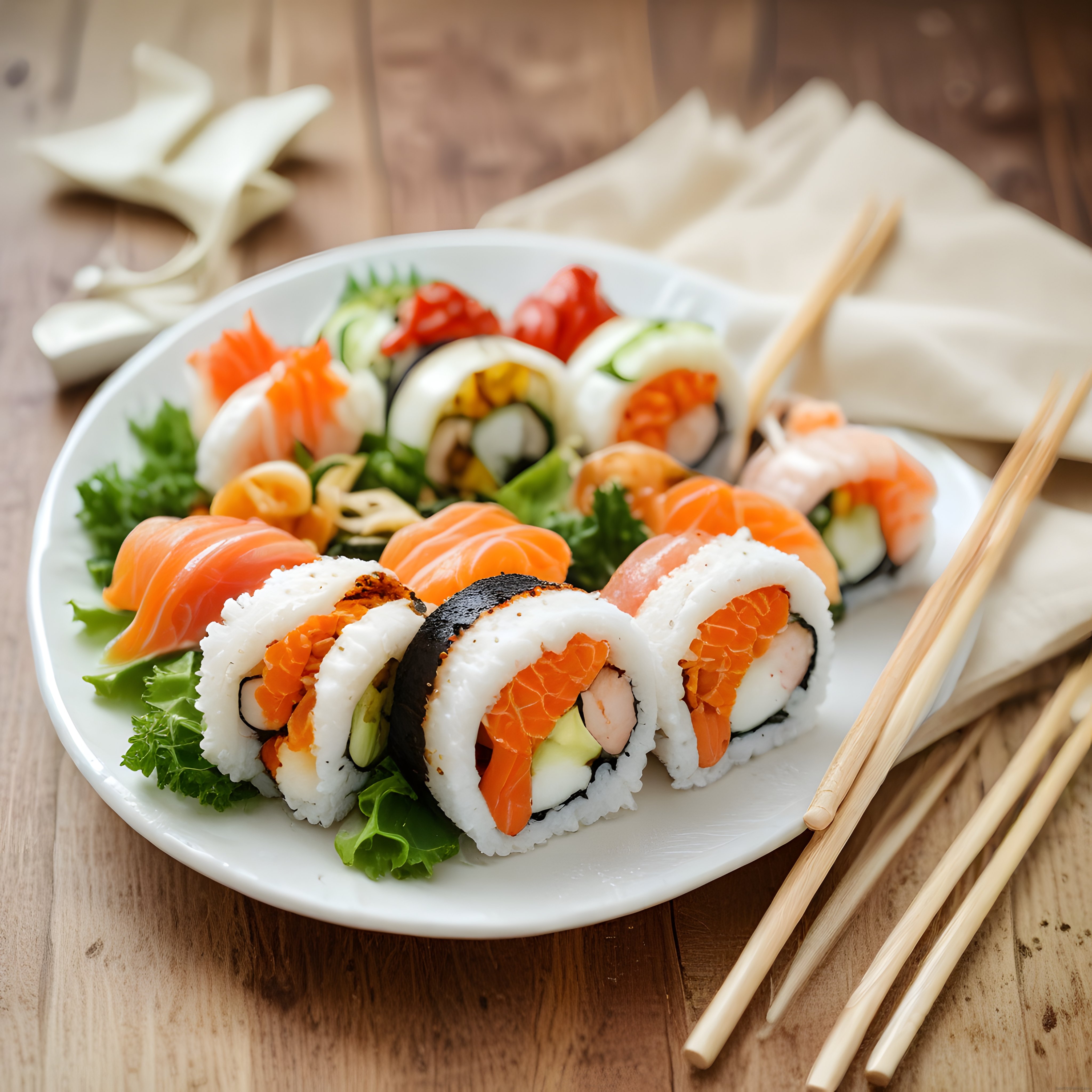 Taze Sushi Çeşitlerinin Ahşap Masa Üzerinde Şık Sunumu ve Çubuk Çubuklar
