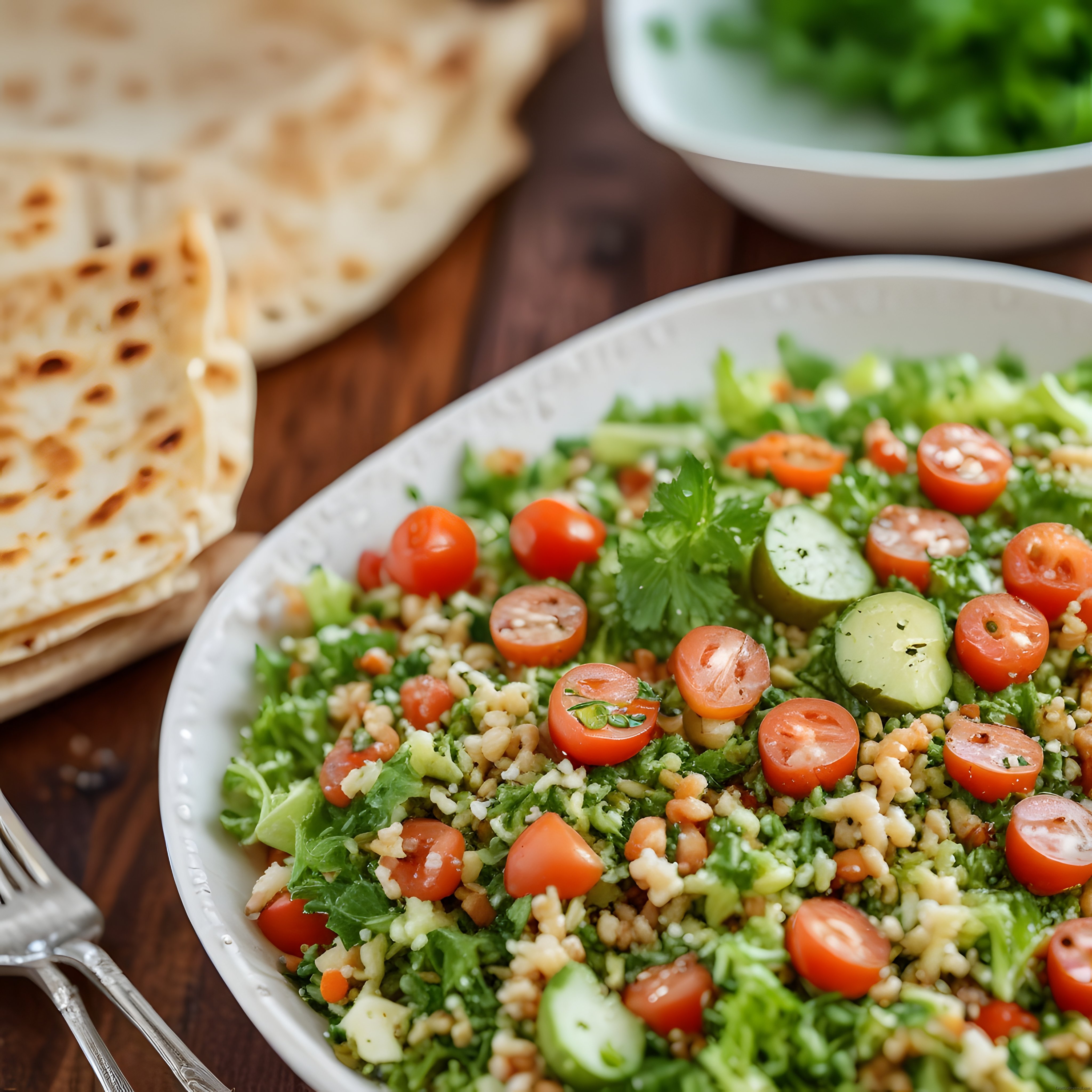 Taze Tabbule Salatası, Domates ve Maydanoz ile Ahşap Masa Üzerinde Sunum