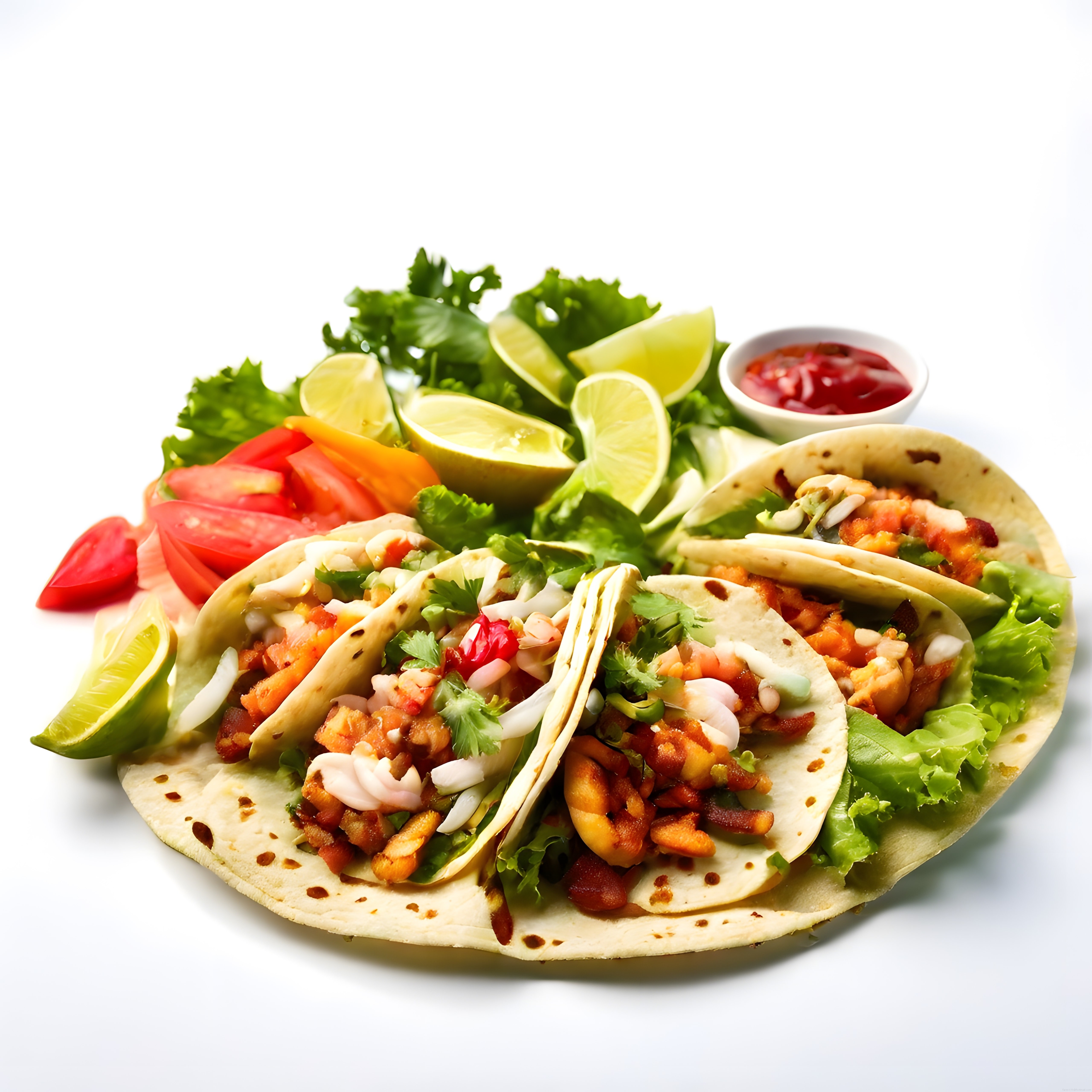 Taze taco servisi, lime dilimleri ve salata ile Meksika mutfağından lezzetler