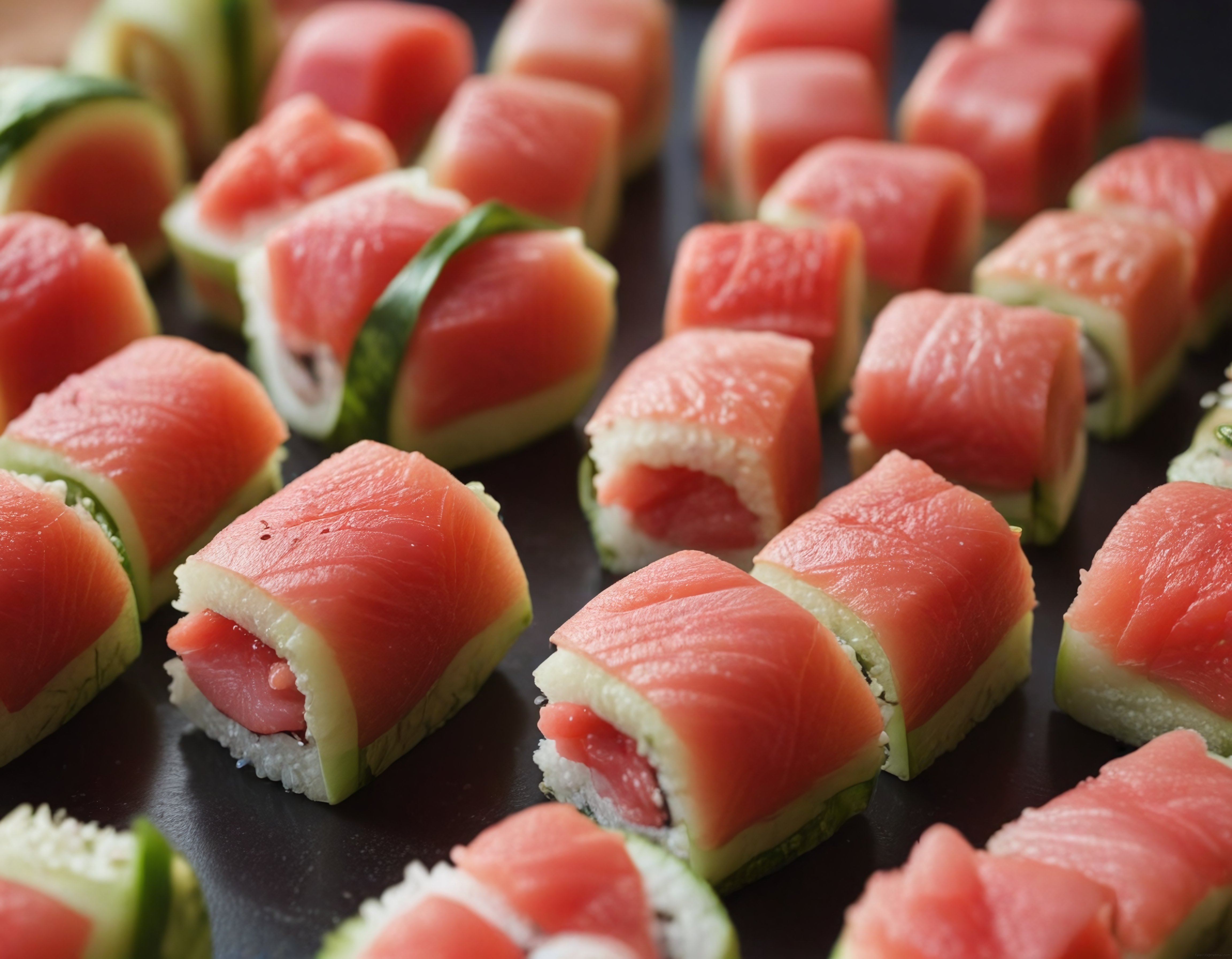 Taze Ton Balıklı ve Salatalık Sarmalı Geleneksel Sushi Rulo Sunumu