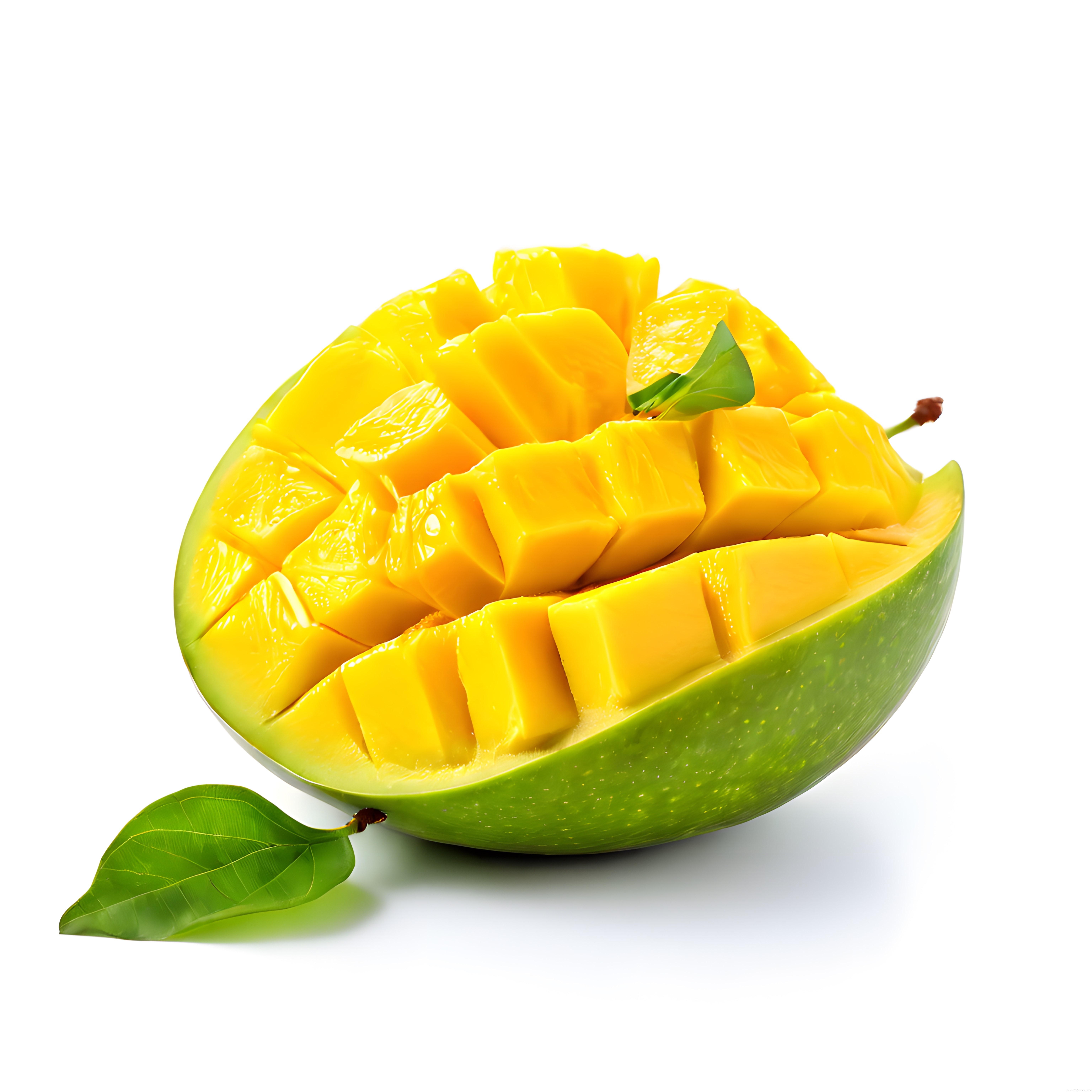 Taze ve Dilimlenmiş Mango: Parlak Sarı Eti ve Yaprağıyla Egzotik Sunum
