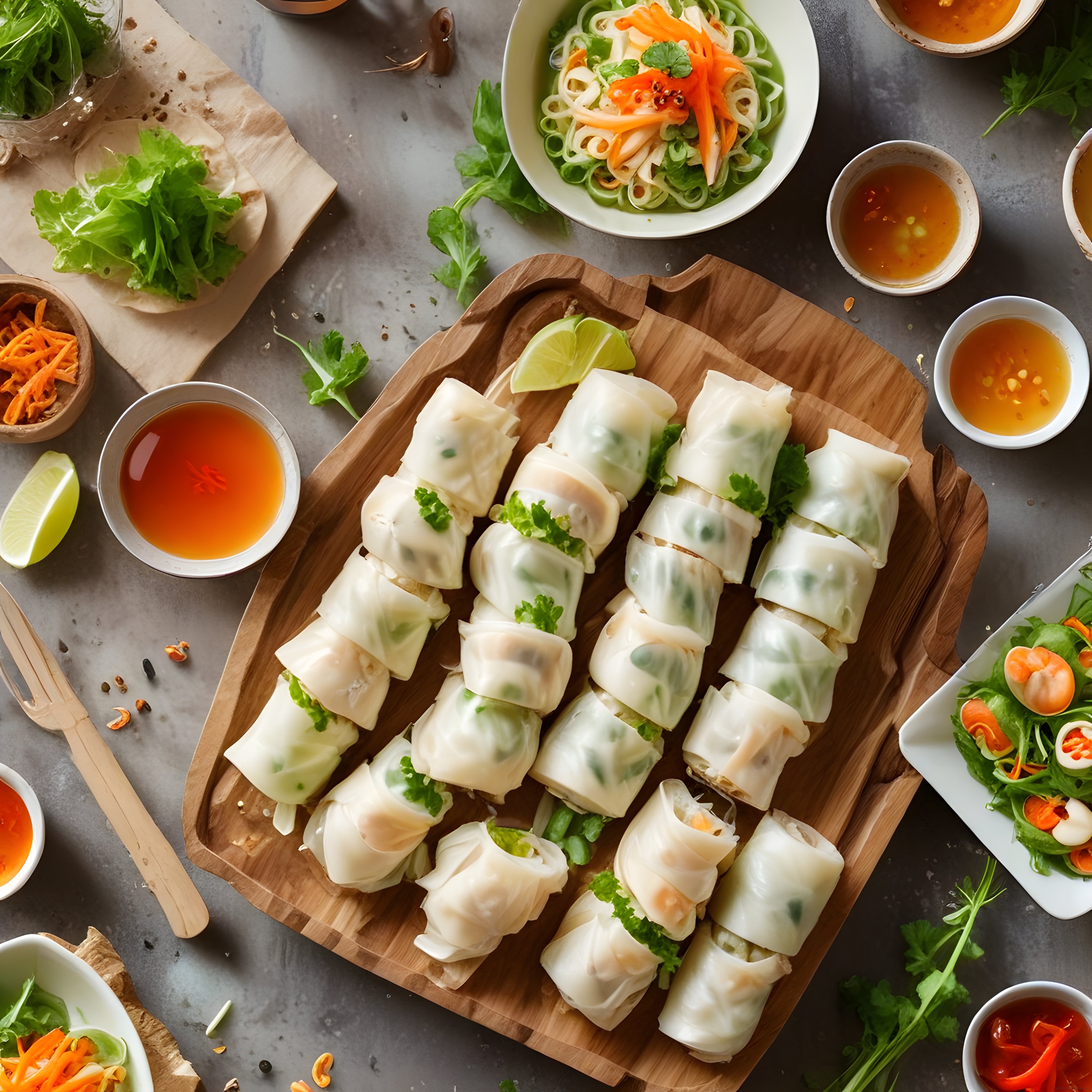 taze vietnam bahar ruloları limon ve baharatlı soslarla rustik masa sunumu