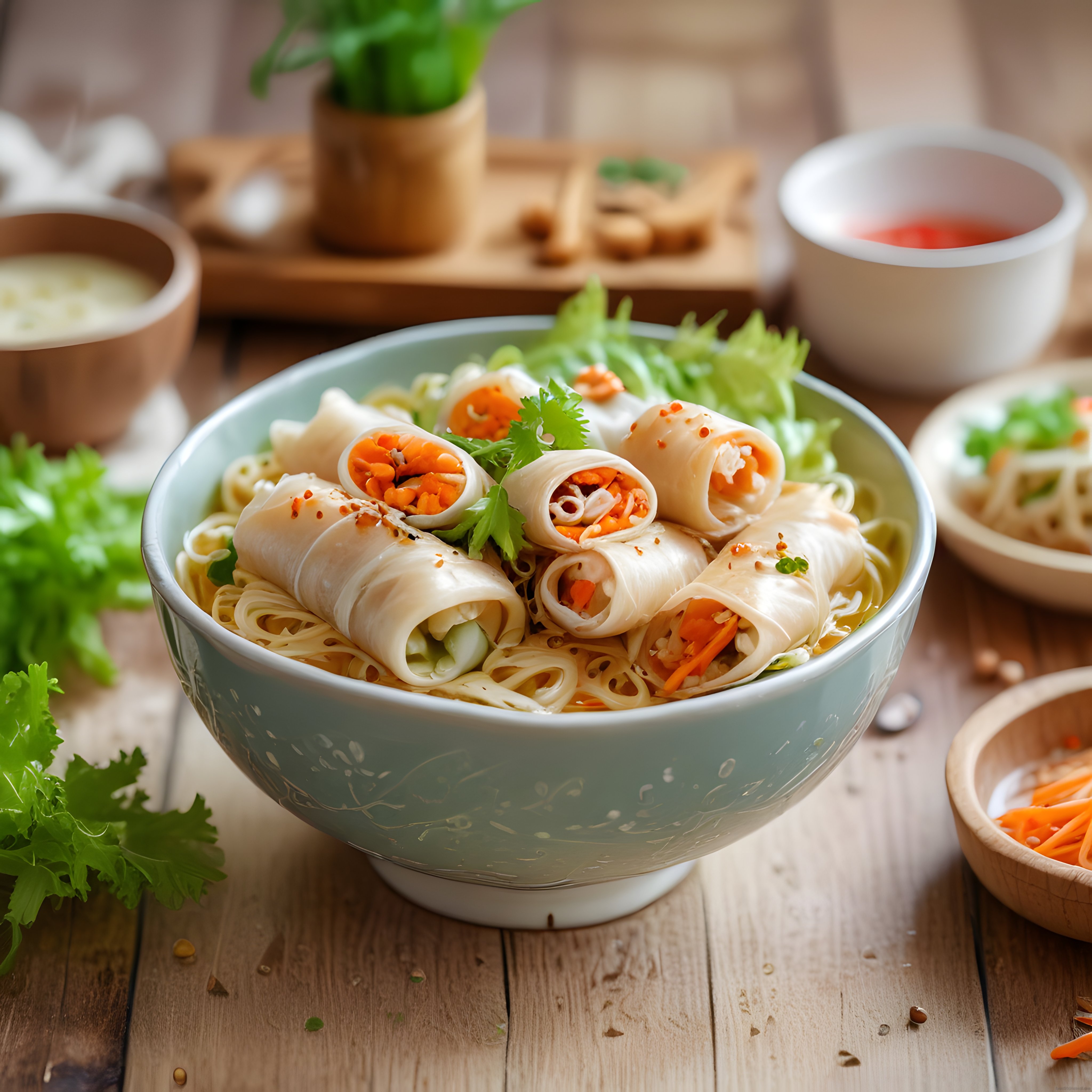 Taze Vietnam Bahar Ruloları ve Erişte ile Fıstık Soslu Sağlıklı Kase