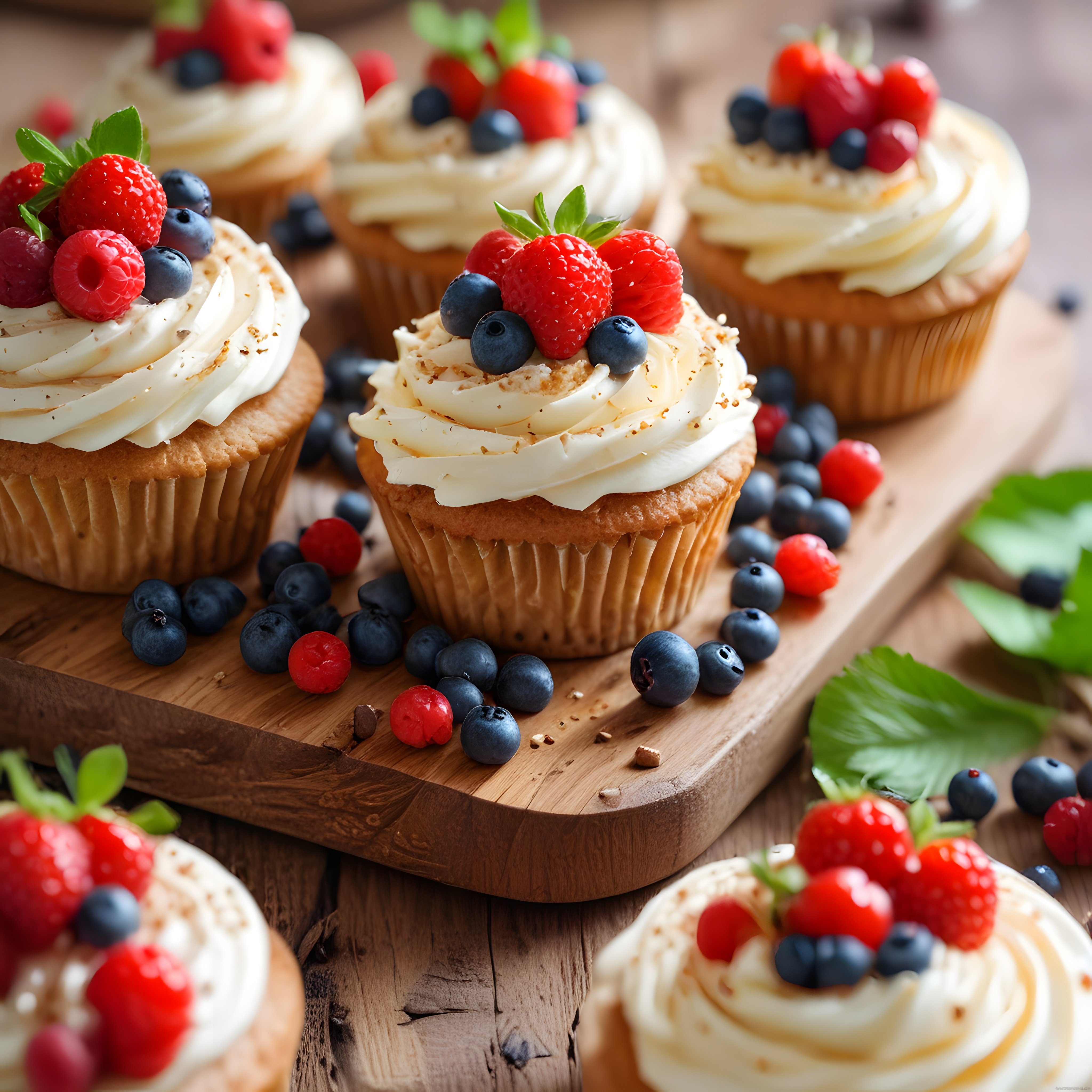 Taze Yaban Mersini ve Ahududu ile Süslenmiş Ev Yapımı Kremalı Cupcake