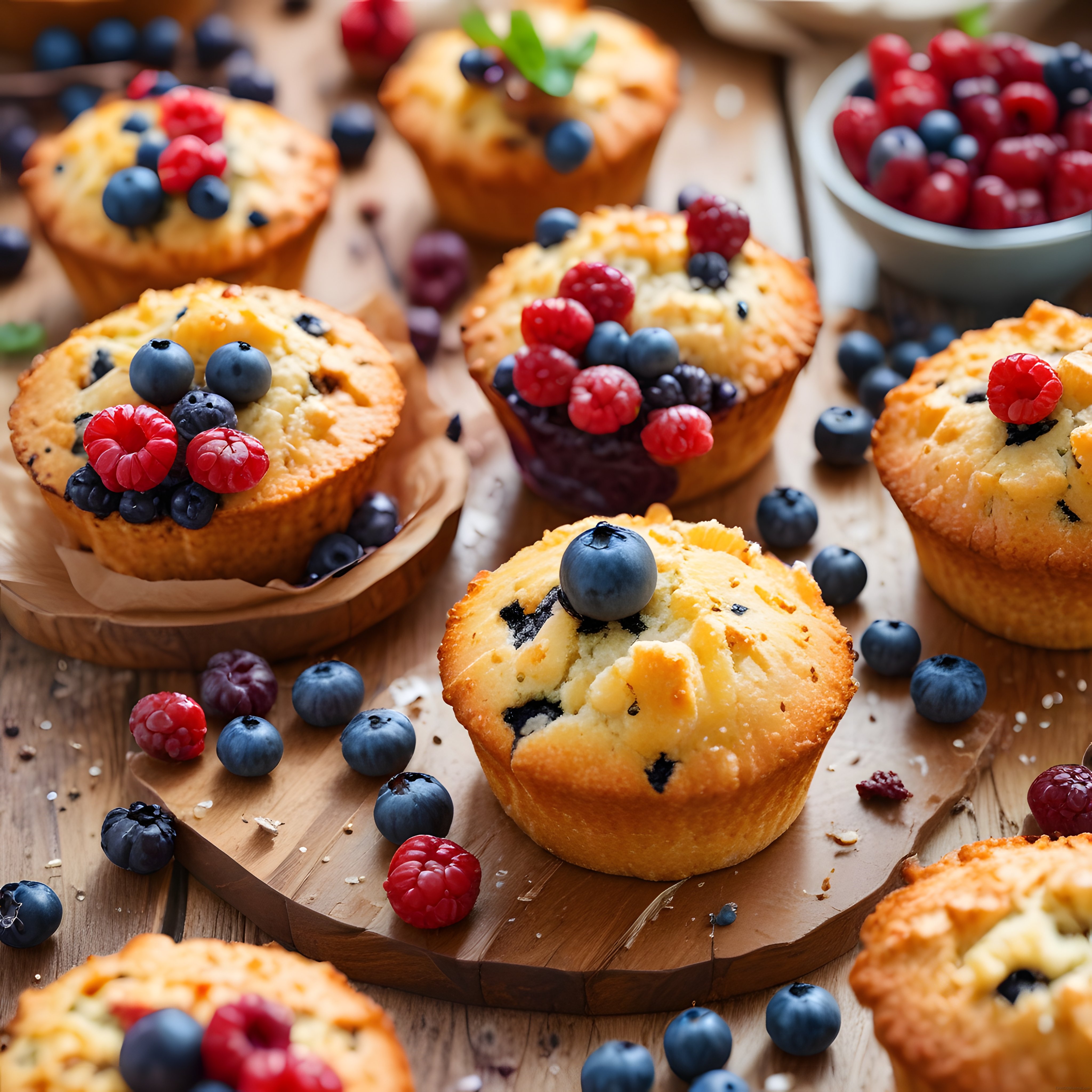 Taze Yaban Mersini ve Ahududu ile Süslenmiş Ev Yapımı Muffin Tarifi