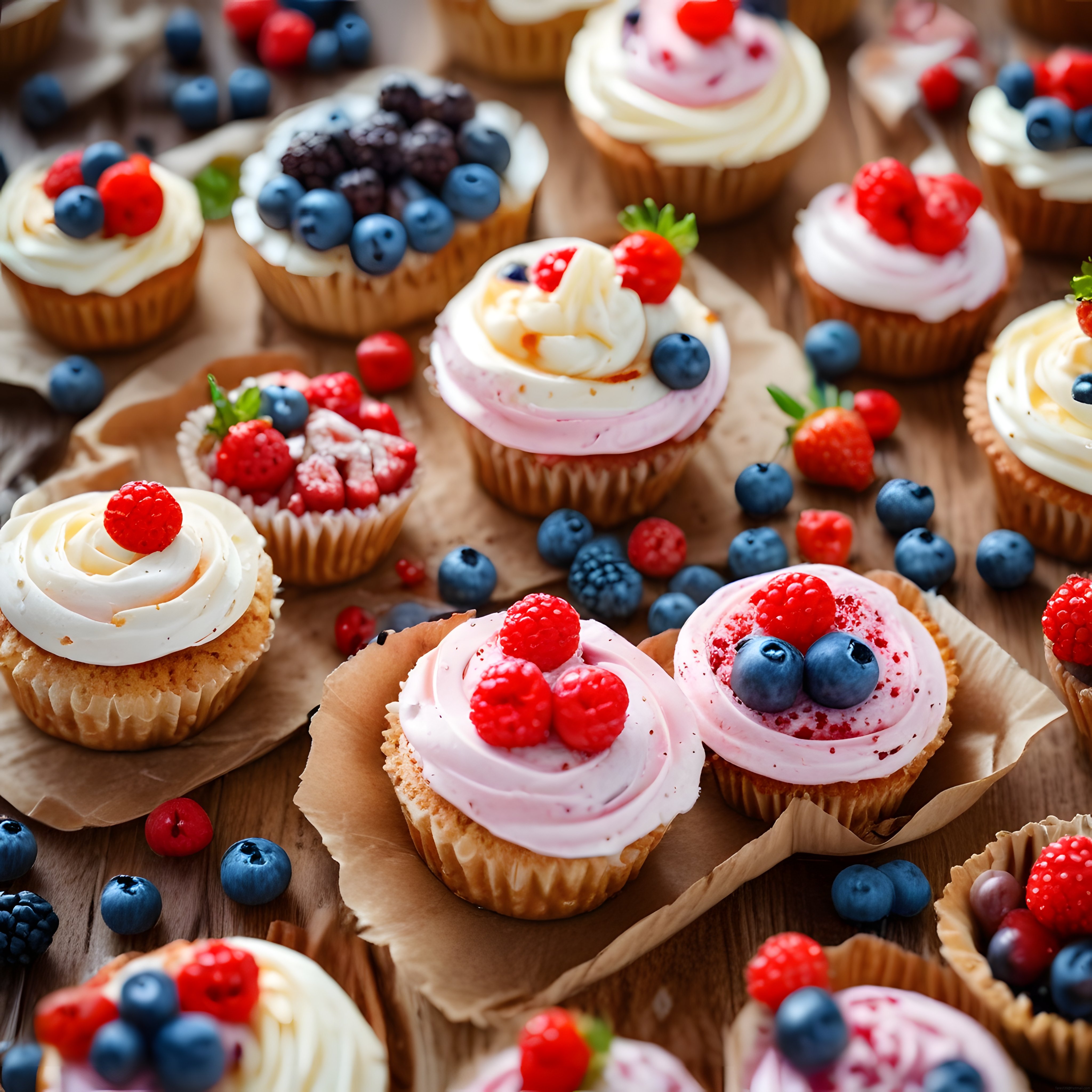 Taze Yaban Mersini ve Ahududu Süslemeli Ev Yapımı Cupcake Çeşitleri