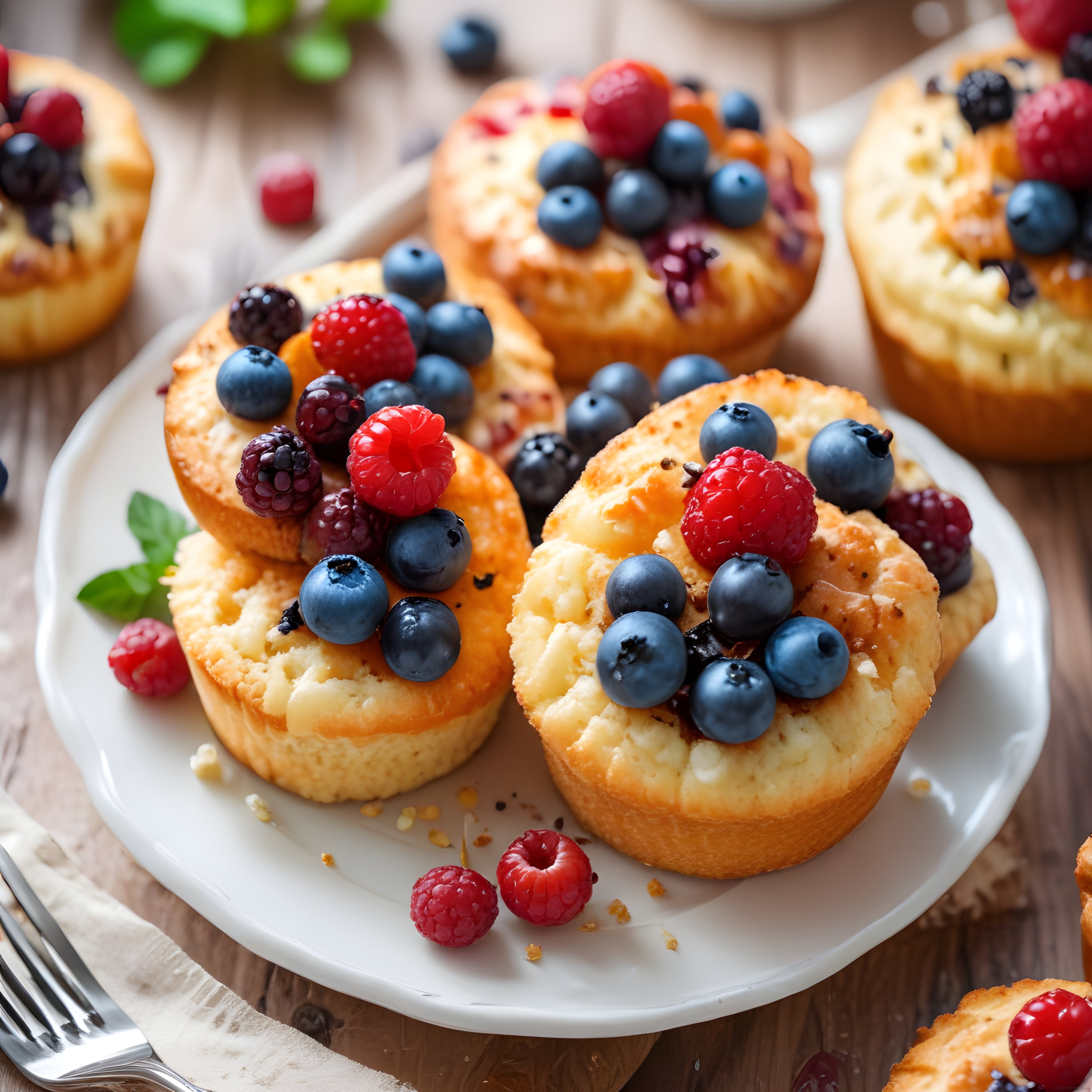 Taze Yaban Mersini ve Ahududulu Mini Cheesecake Muffin Sunumu