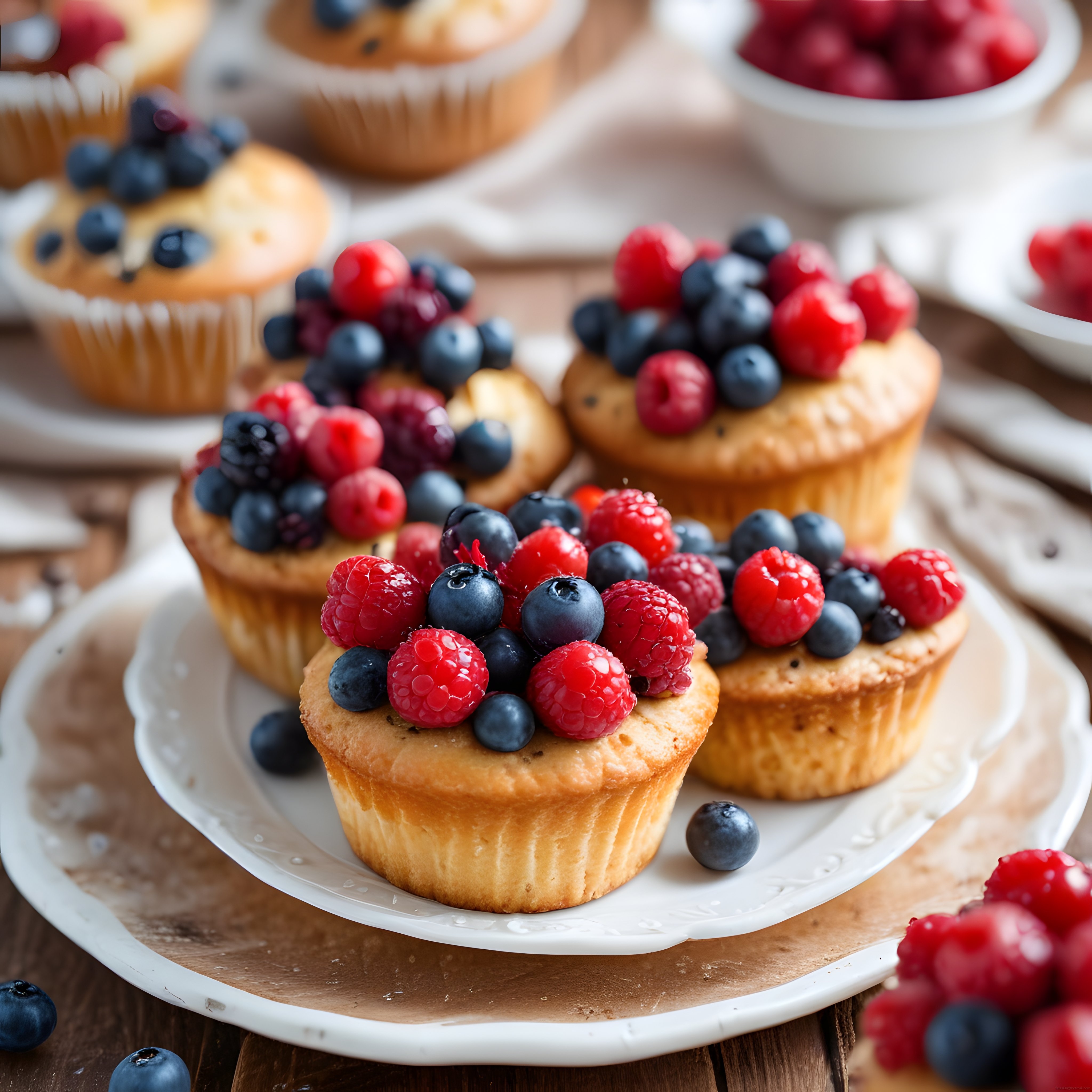 Taze Yaban Mersini ve Ahududulu Süslenmiş Ev Yapımı Muffinler Sunumu