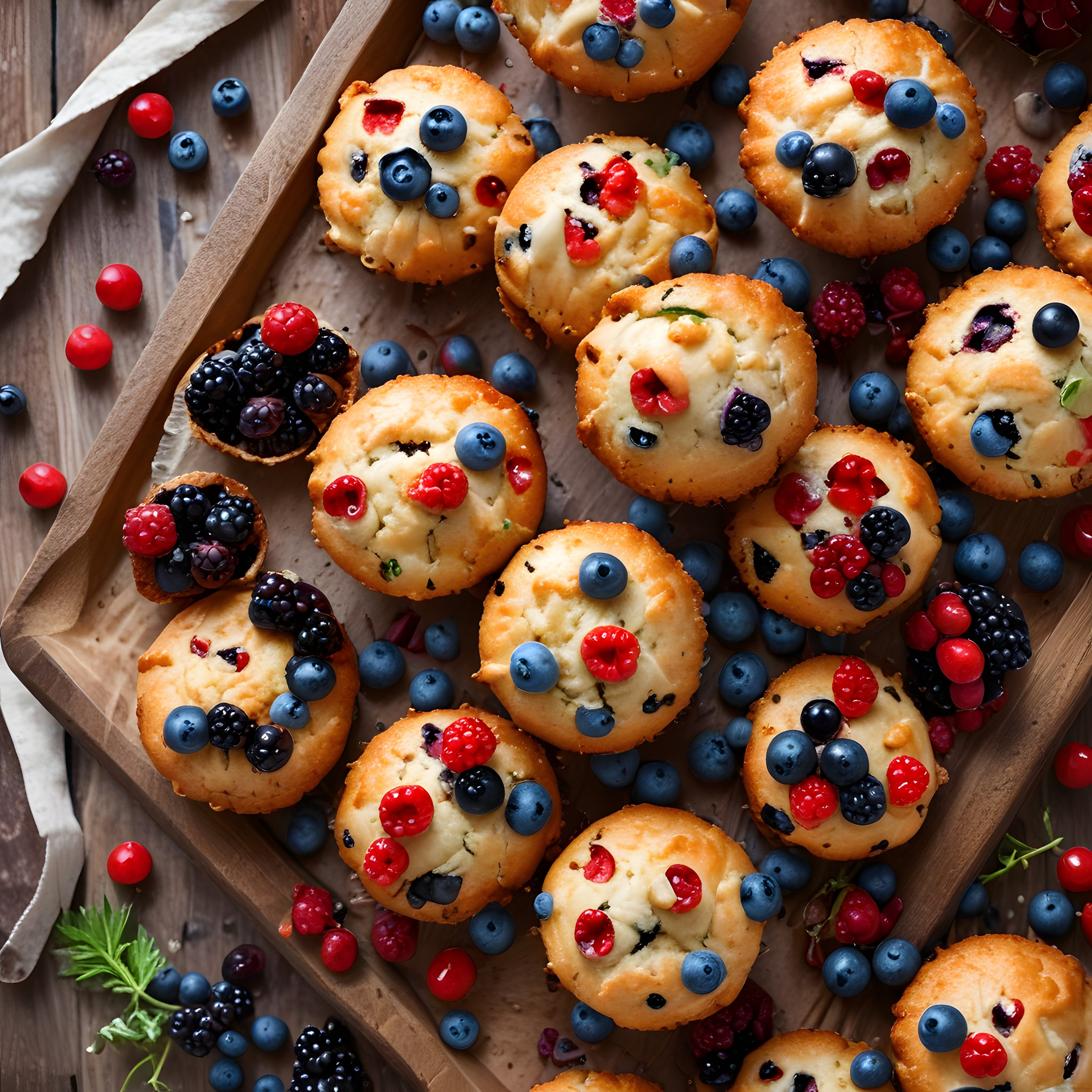 Taze Yaban Mersini ve Böğürtlenli Ev Yapımı Muffinler Ahşap Tepside