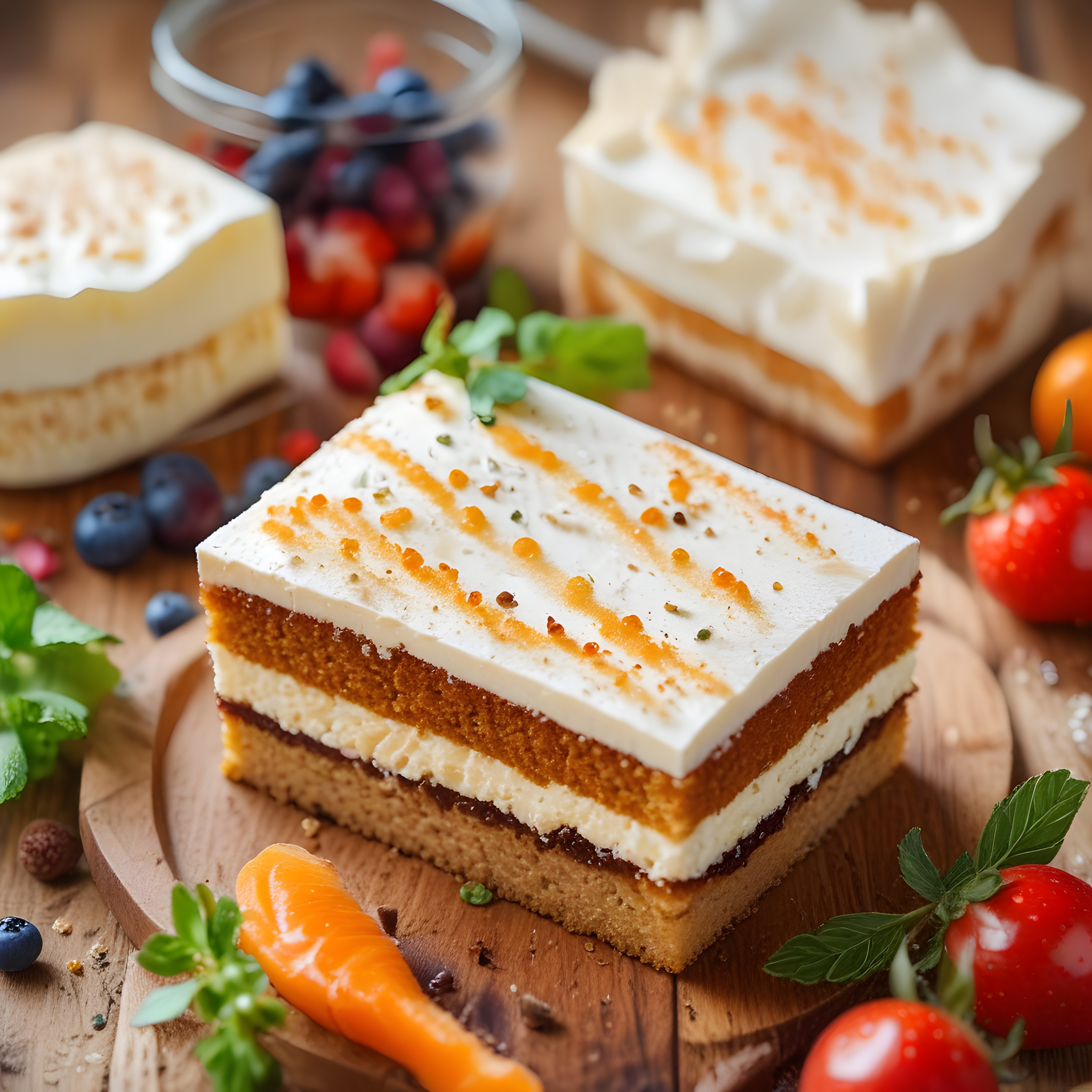 Taze Yaban Mersini ve Domatesle Süslenmiş Katmanlı Havuçlu Pasta Dilimi