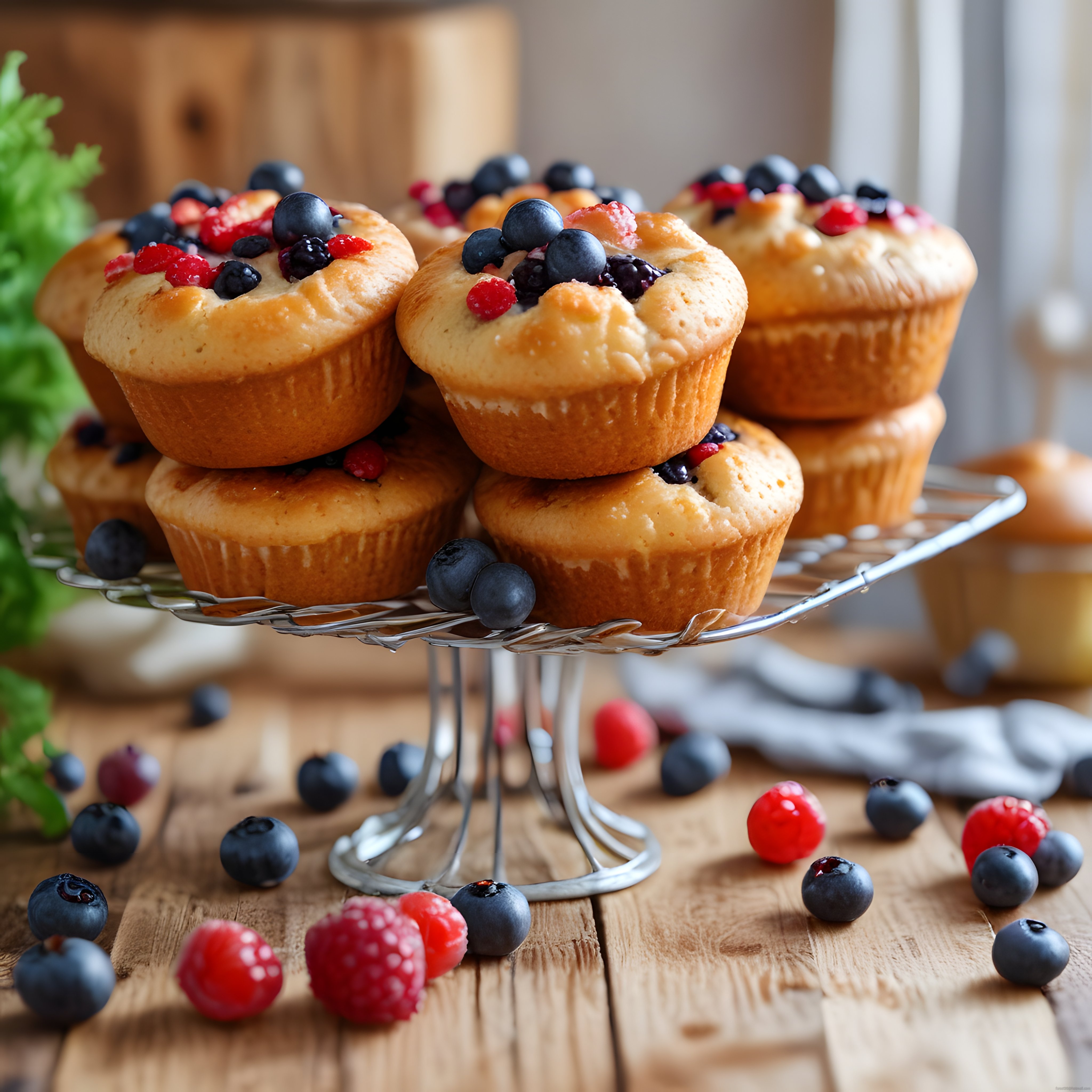 Taze Yaban Mersini ve Orman Meyveleriyle Süslenmiş Ev Yapımı Muffin Tarifi