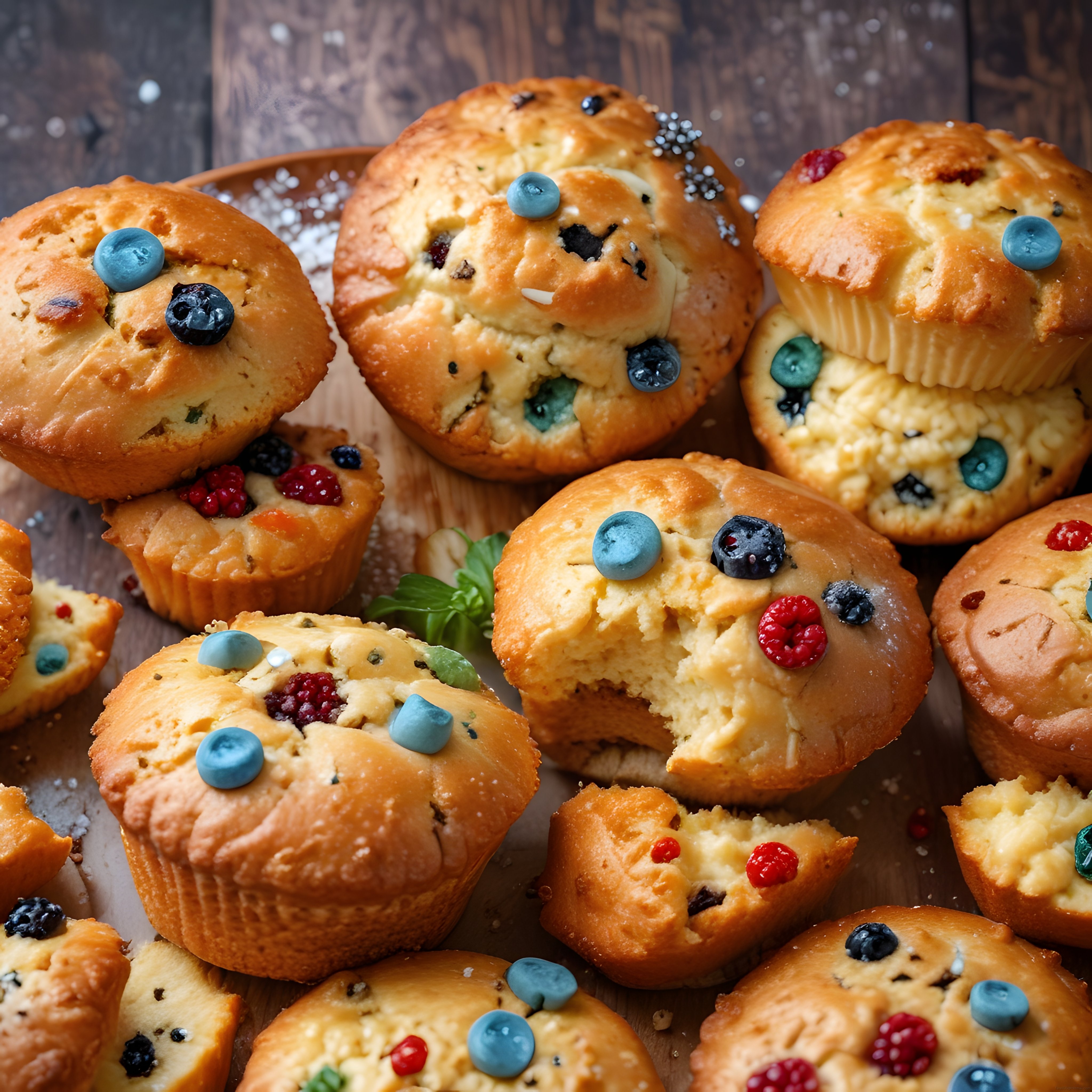 Taze Yaban Mersinli ve Böğürtlenli Ev Yapımı Muffinler Ahşap Sunum Tahtasında