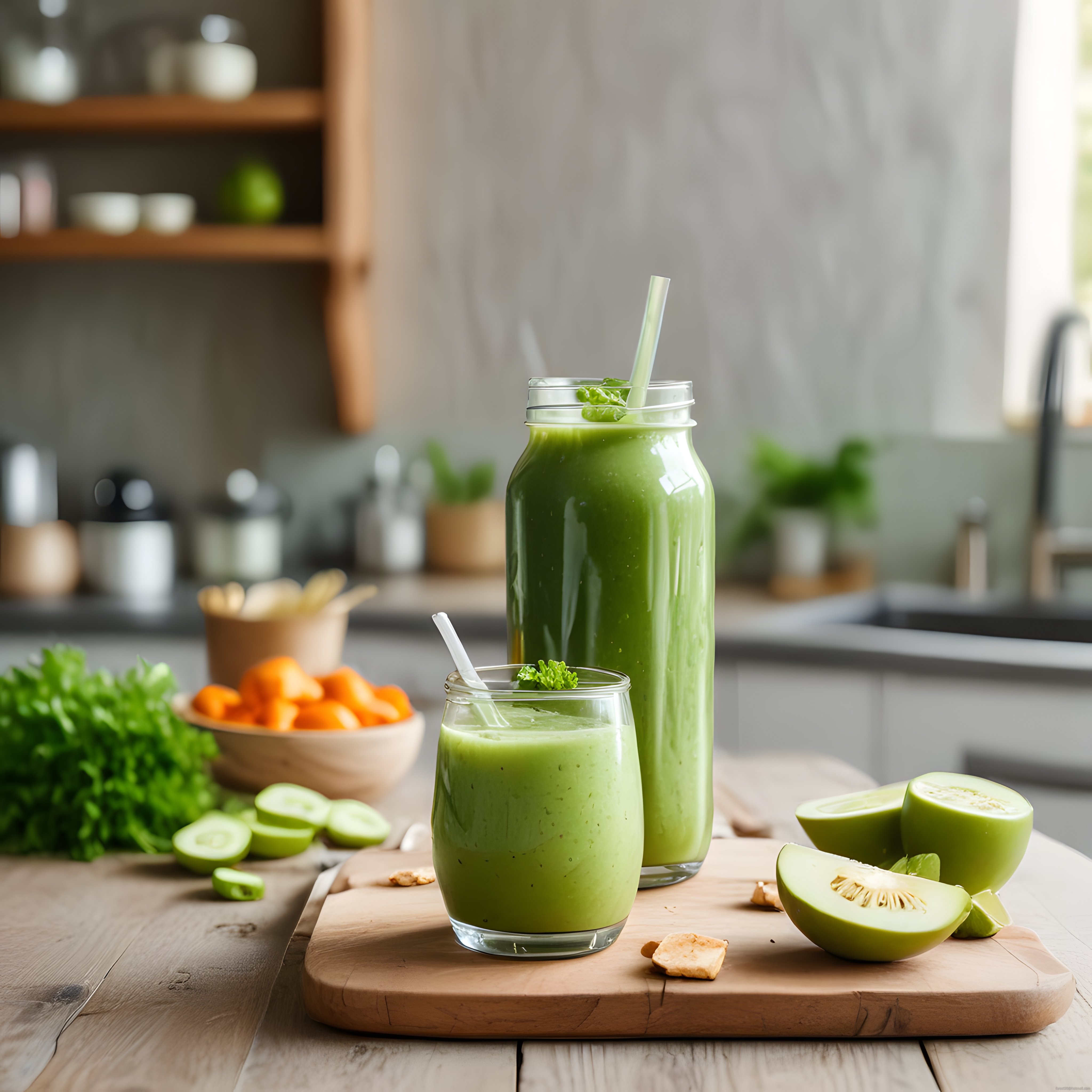 Taze Yeşil Detoks Smoothie: Ahşap Mutfakta Kivi ve Salatalık ile Sağlıklı İçecek