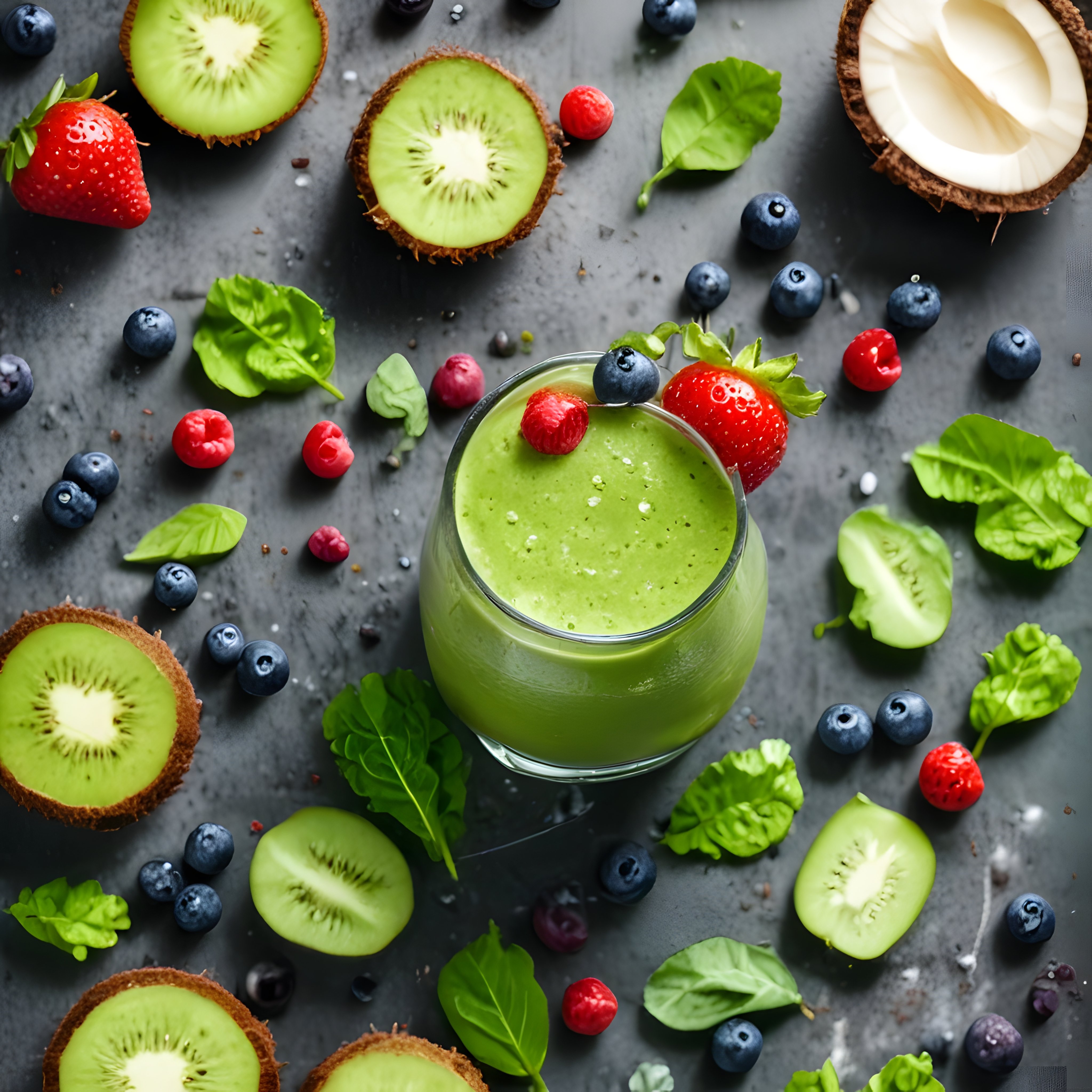 Taze yeşil detoks smoothie ve doğal meyvelerle sağlıklı beslenme konsepti