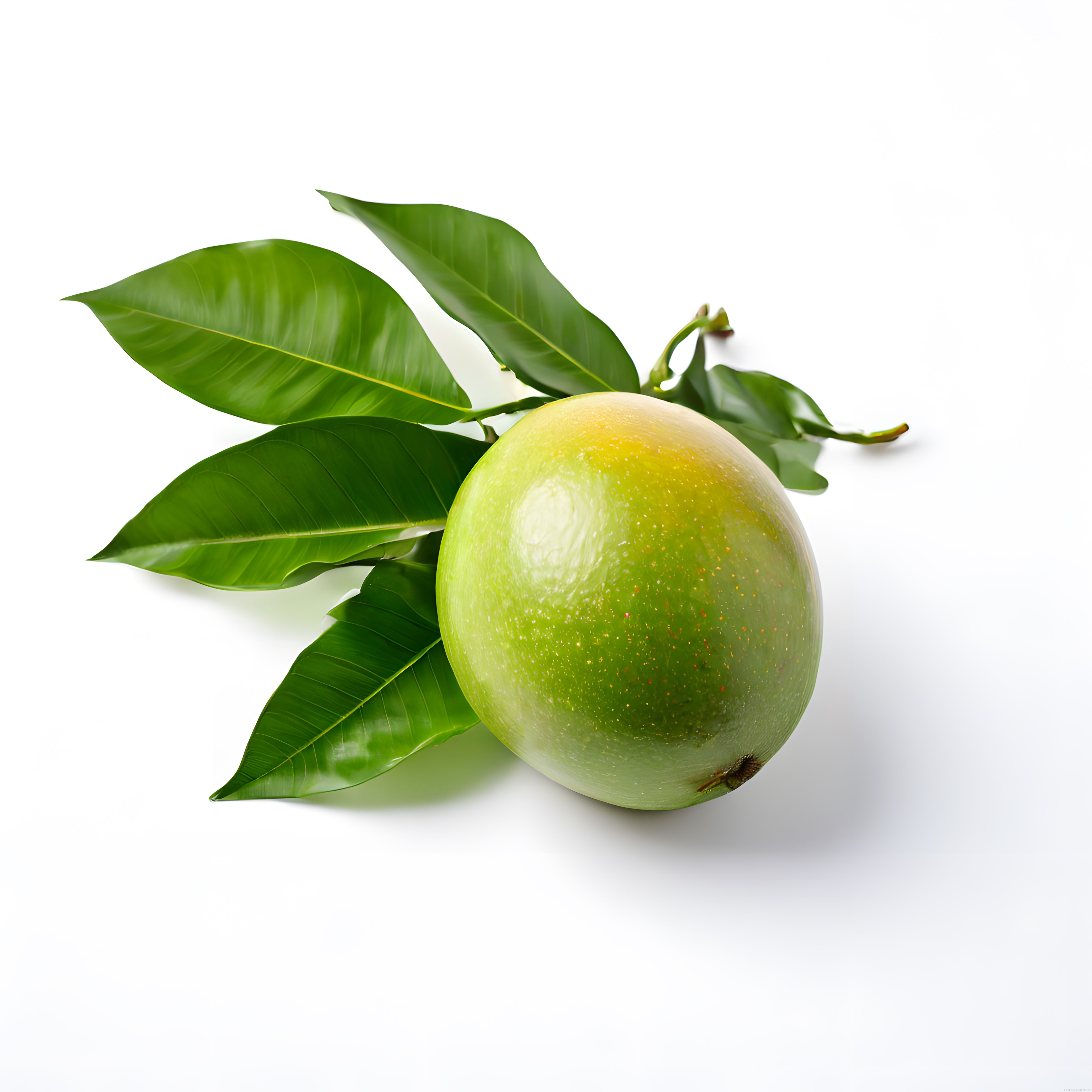 Taze Yeşil Mango ve Yapraklarıyla Beyaz Arka Planda Doğal Meyve Görüntüsü