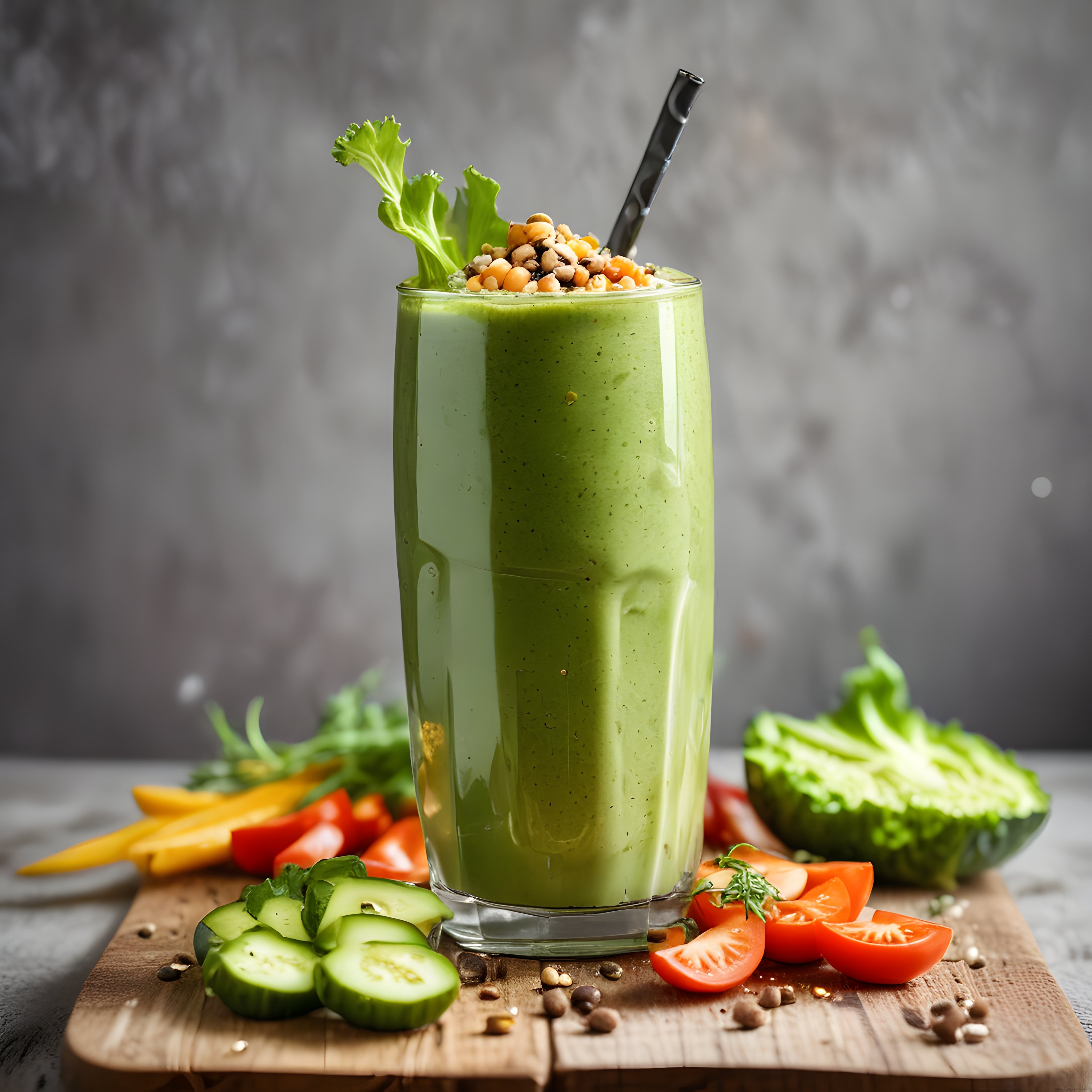 Taze Yeşil Smoothie: Ahşap Sunum Tahtasında Sağlıklı İçecek ve Sebzeler