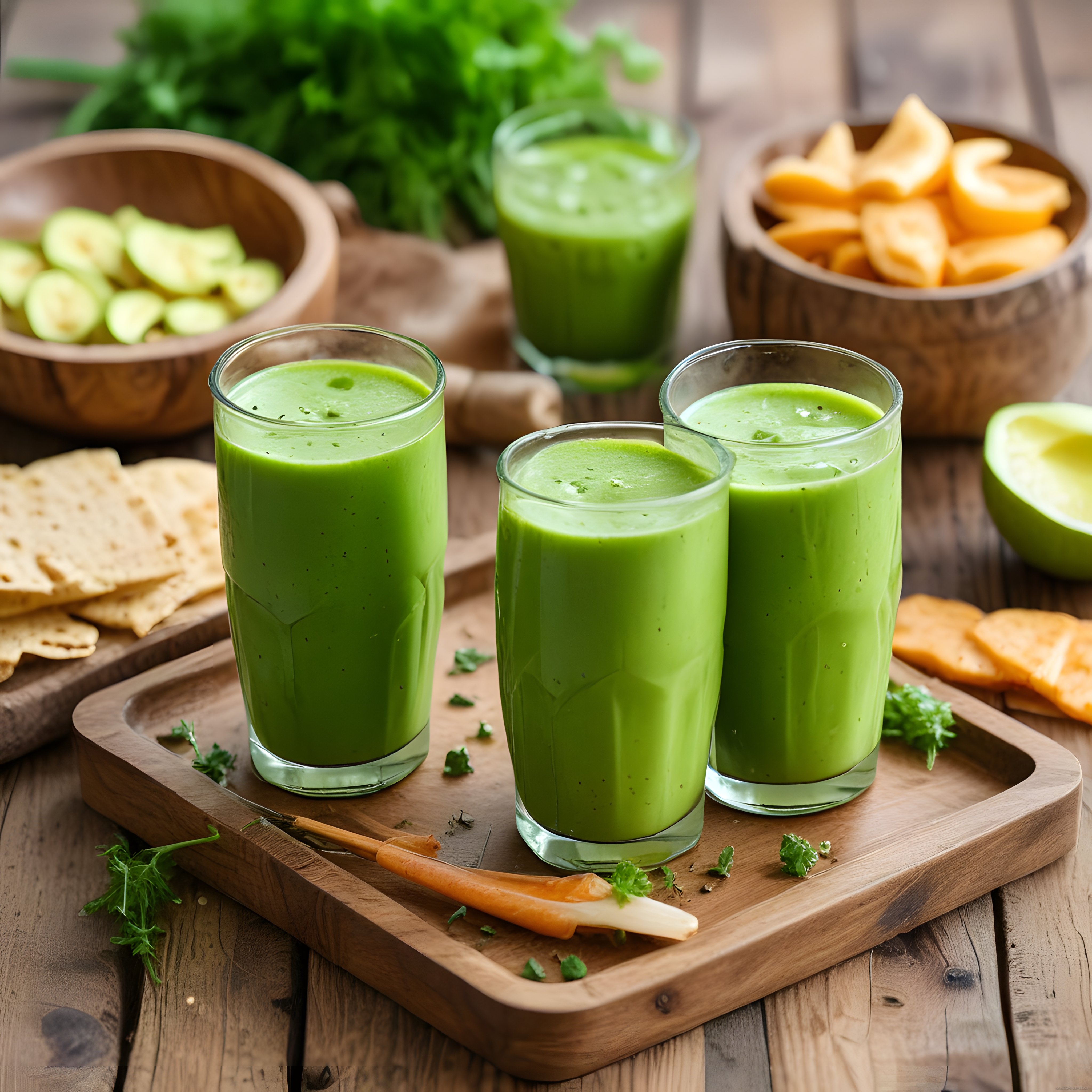 Taze Yeşil Smoothie Bardakları ve Doğal Malzemelerle Sağlıklı İçecek Sunumu