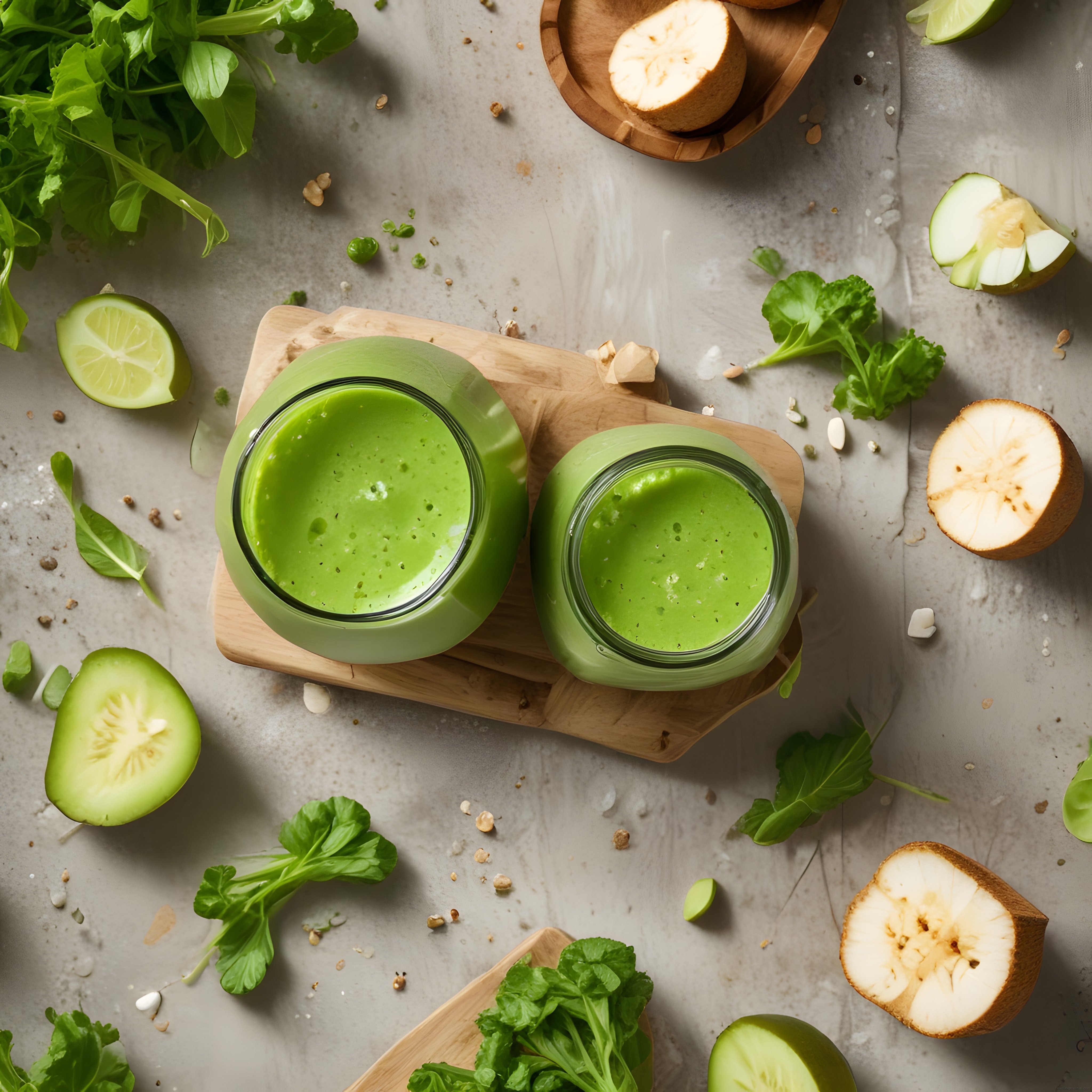 Taze Yeşil Smoothie Kavanozları ve Sağlıklı Besinlerle Detoks Mutfak Sunumu