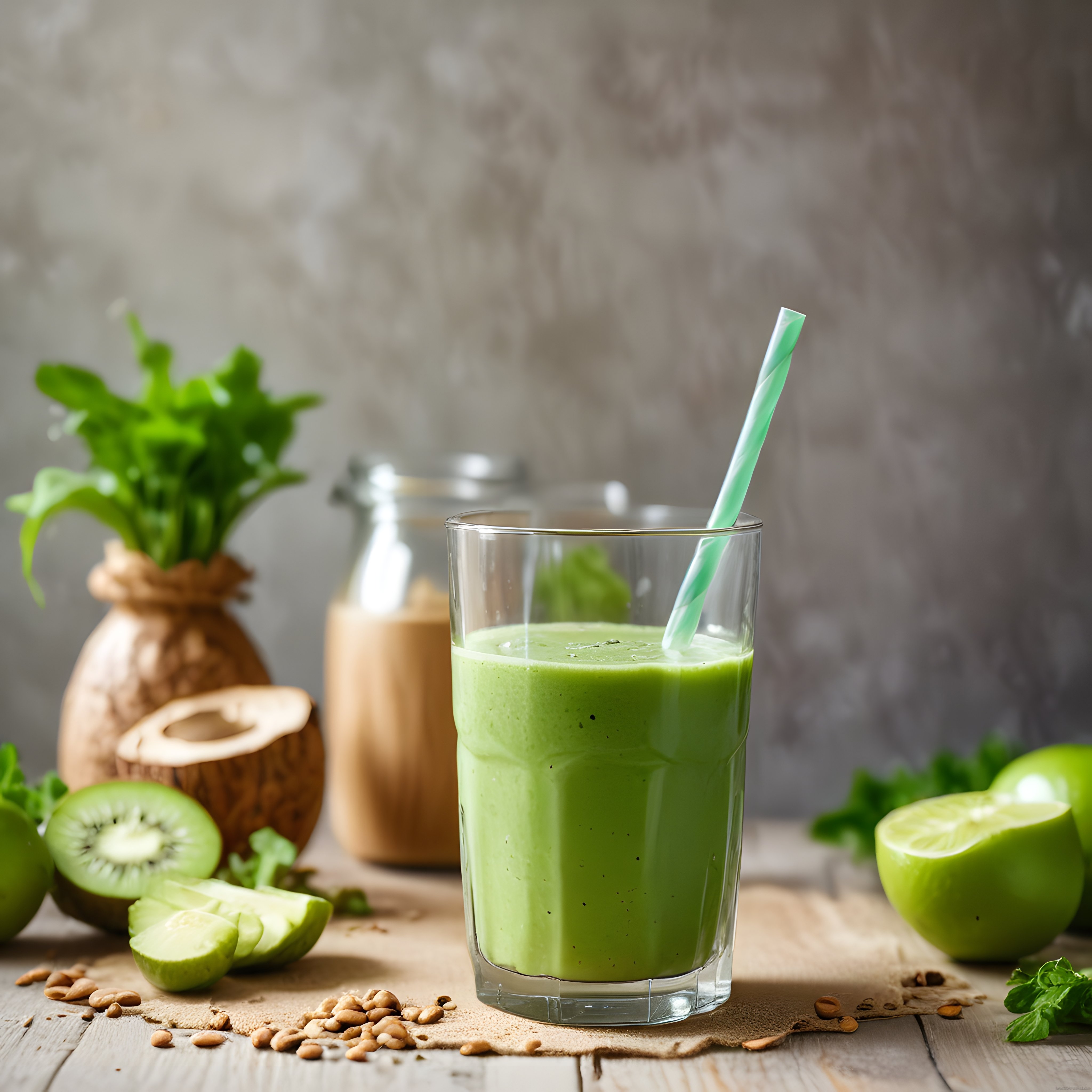 taze yeşil smoothie ve doğal malzemelerle sağlıklı besleyici içecek sunumu