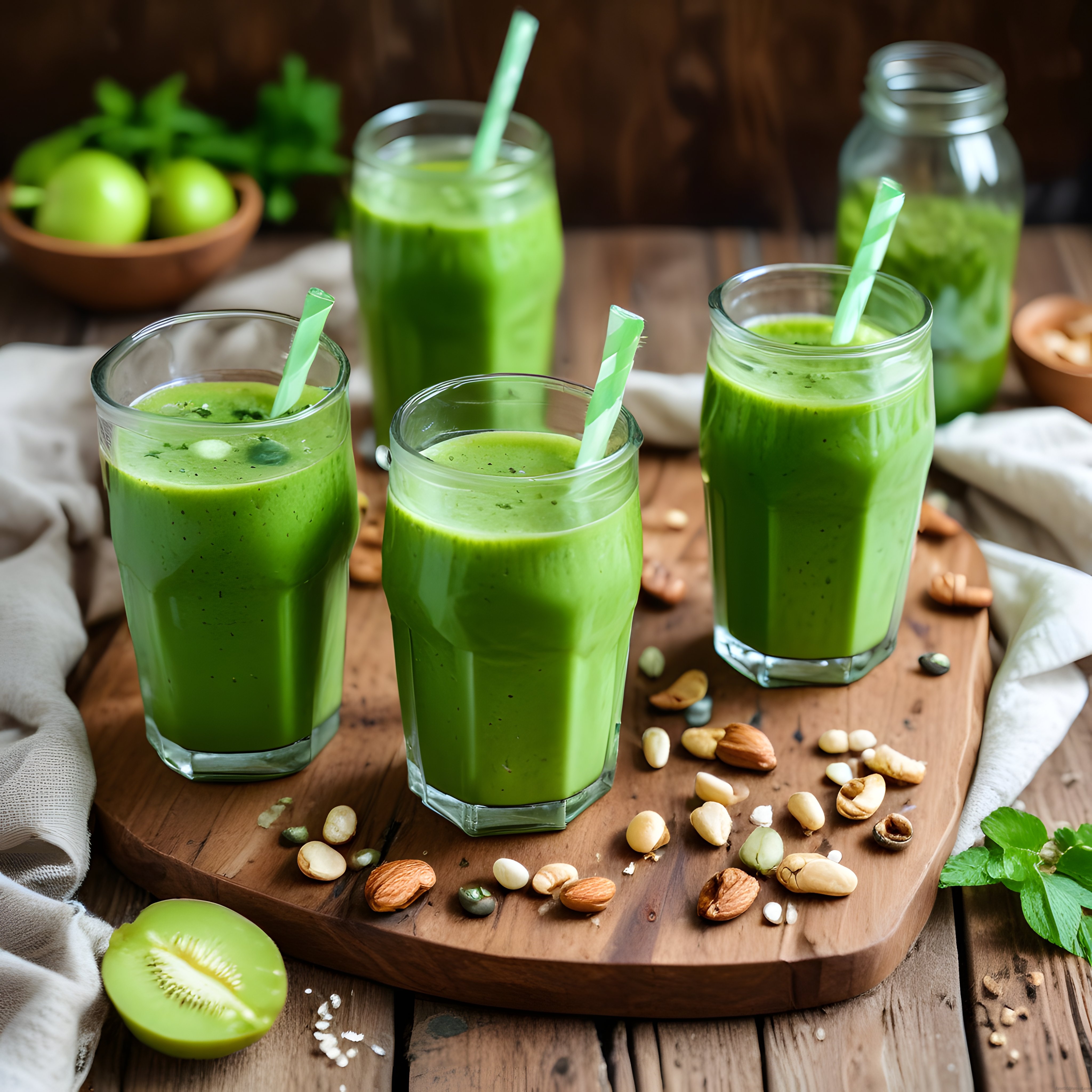 Taze Yeşil Smoothie ve Sağlıklı Kuruyemişlerle Dolu Rustik Ahşap Masa Konsepti