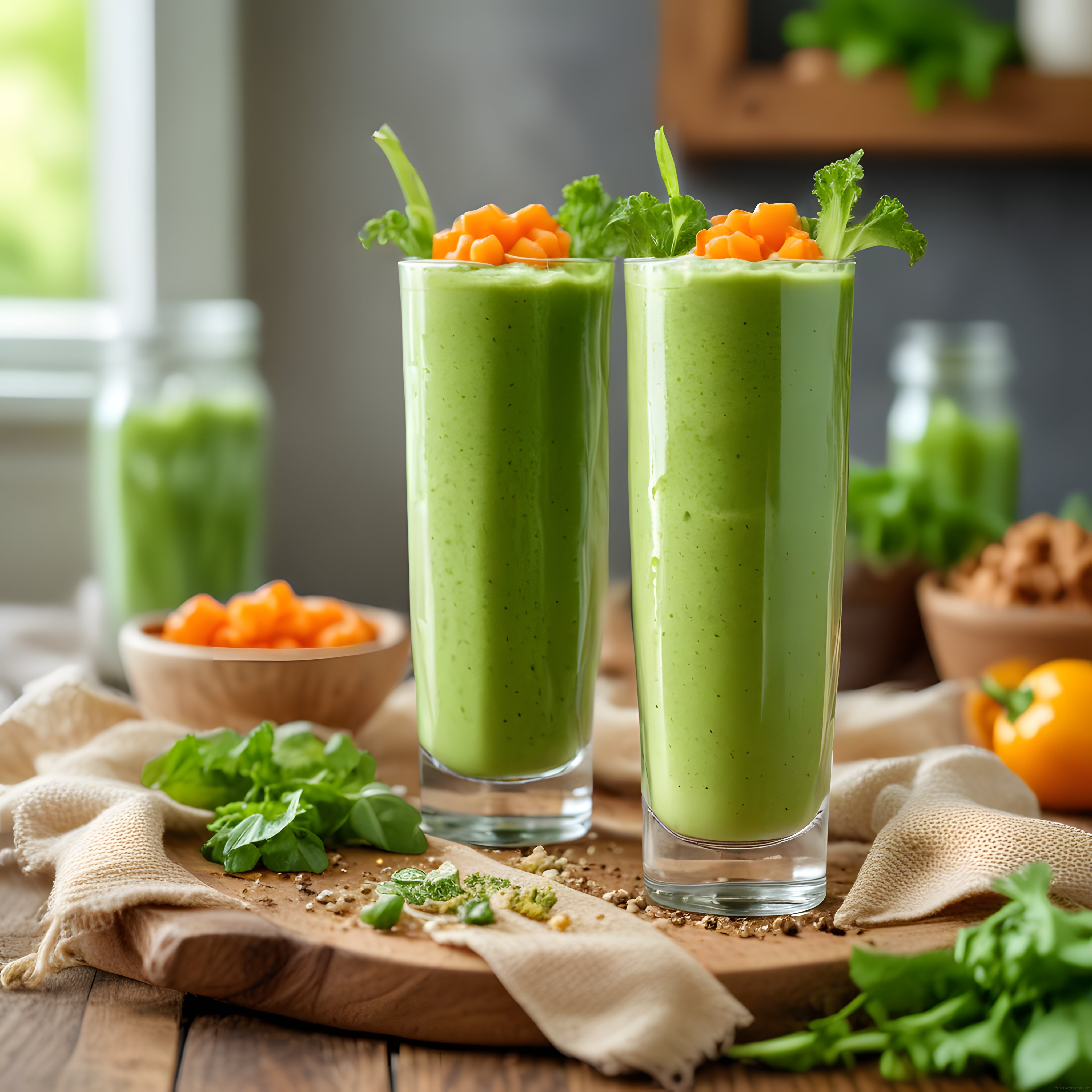 Taze Yeşillik ve Havuç Süslü Sağlıklı Yeşil Smoothie Bardakları