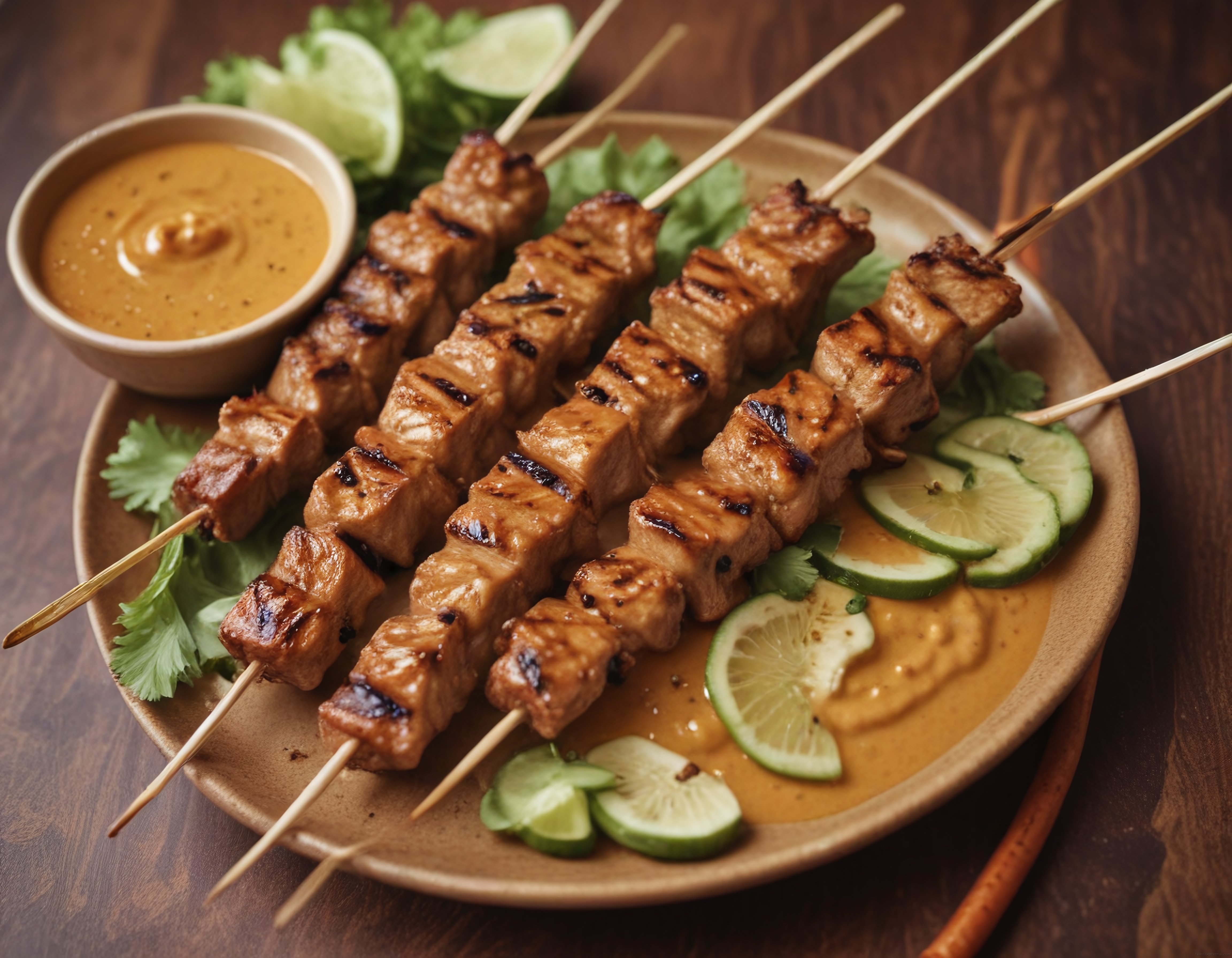 Taze Yeşillikler ve Fıstık Ezmeli Sos Eşliğinde Izgara Şiş Kebap Sunumu