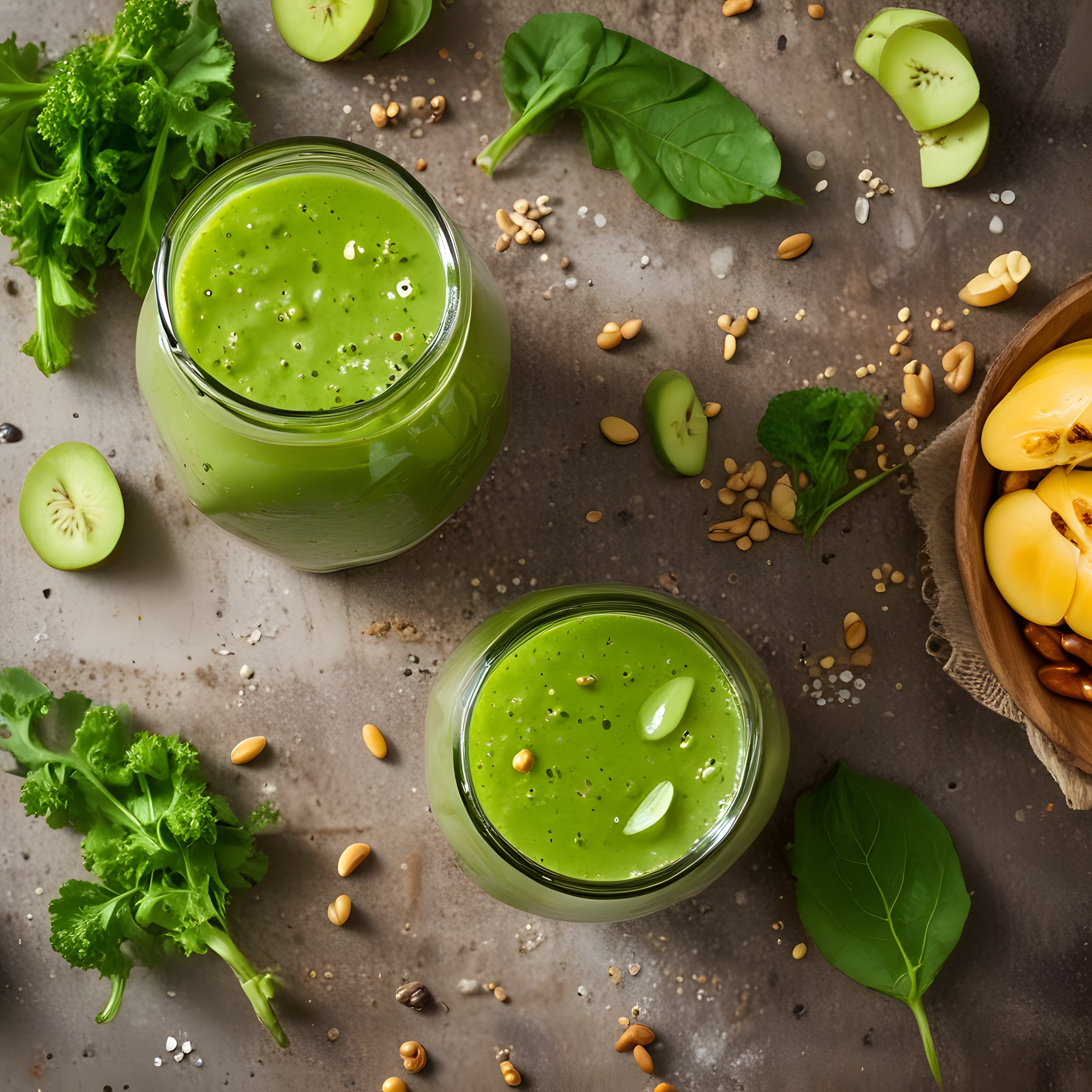 Taze Yeşillikler ve Kivili Cam Kavanozlarda Ev Yapımı Sağlıklı Smoothie