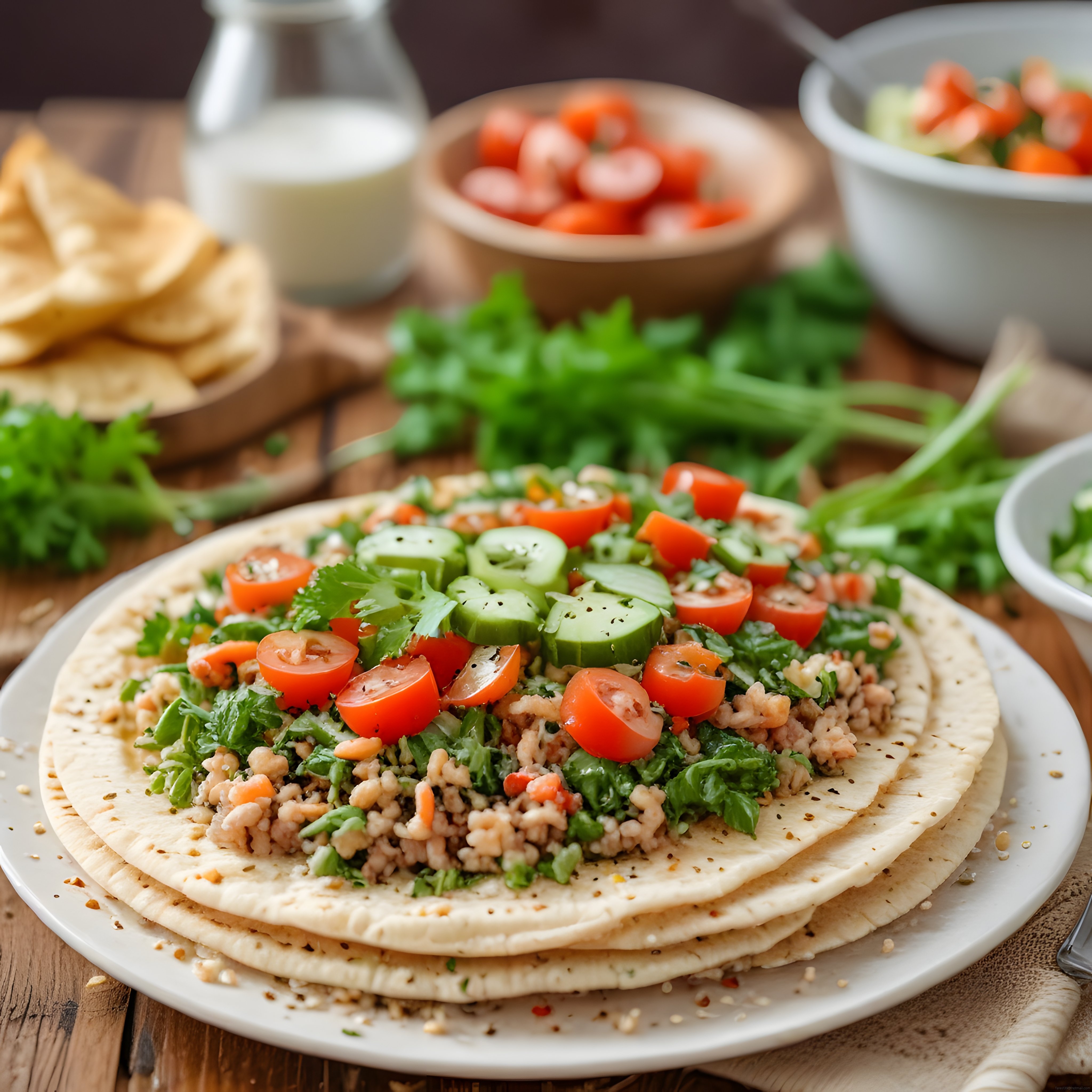 Taze Yeşillikler ve Kıyma ile Zenginleştirilmiş Ev Yapımı Taco Tabağı Taze Yeşillikler ve Kıyma ile Zenginleştirilmiş Ev Yapımı Taco Tabağı