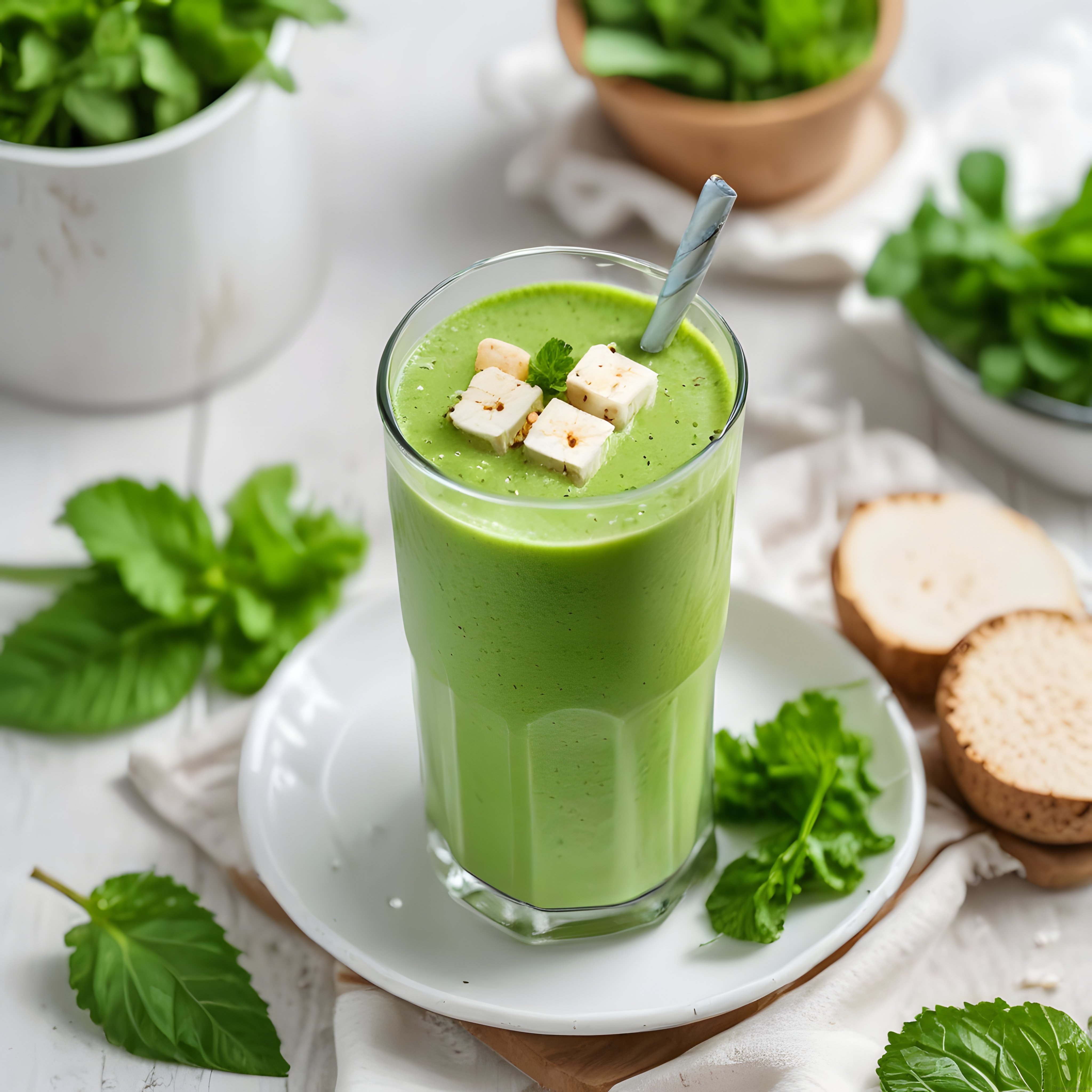 Taze Yeşillikler ve Peynirle Süslenmiş Sağlıklı Yeşil Detoks Smoothie