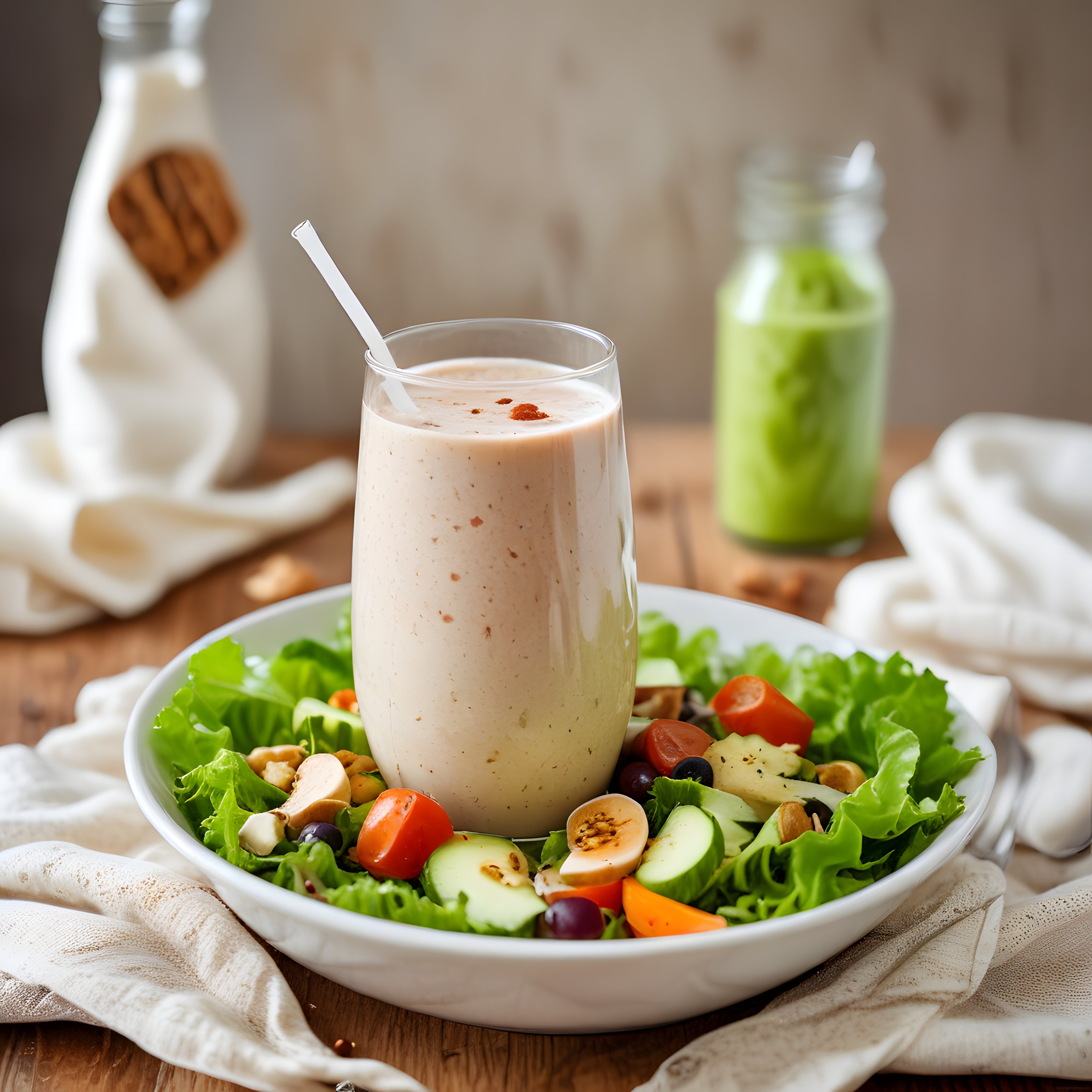 Taze Yeşillikler ve Smoothie ile Hazırlanan Sağlıklı Beslenme Kasesi