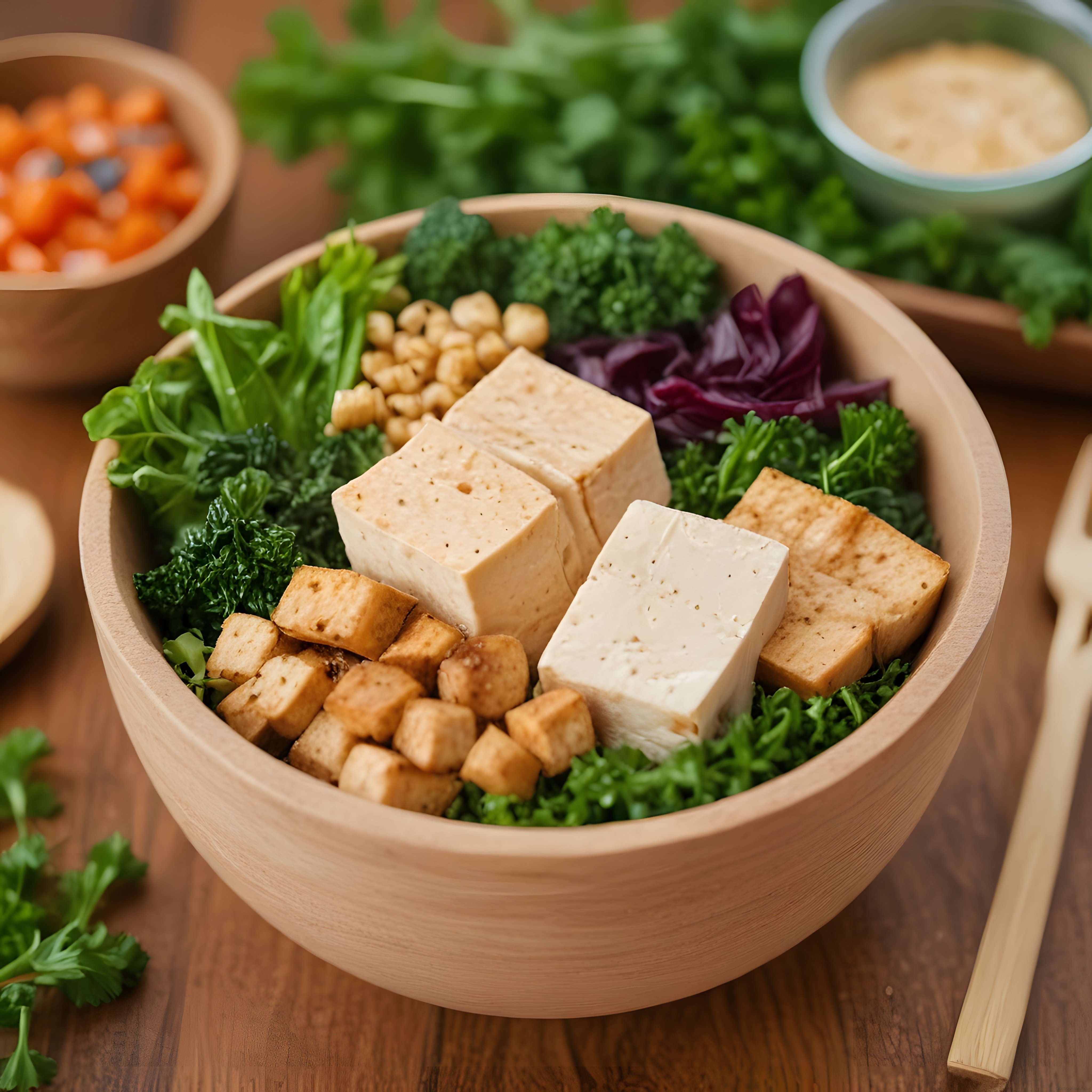 Taze Yeşillikler ve Tofu ile Hazırlanan Sağlıklı Vegan Buddha Bowl Kasesi