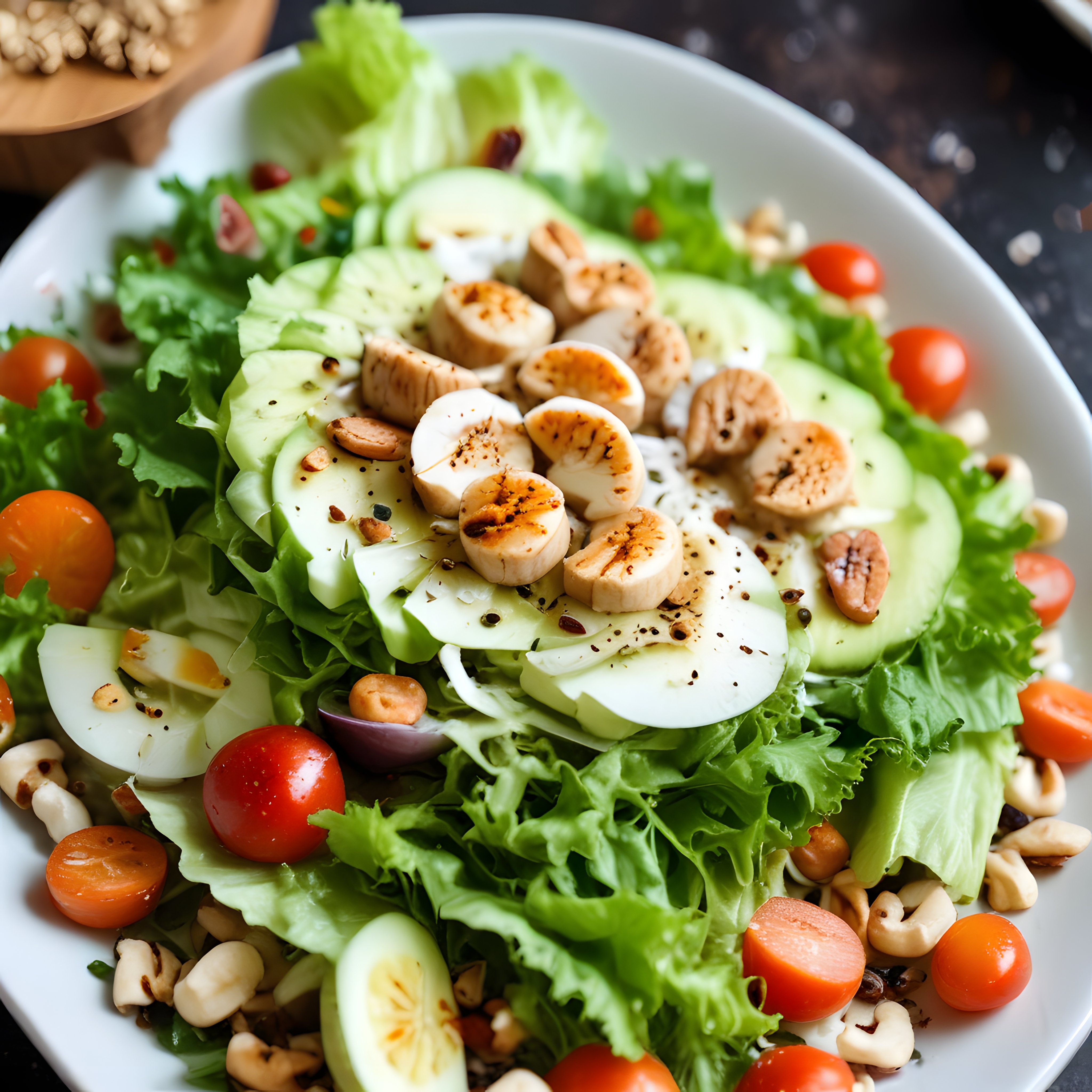 Taze Yeşilliklerle Hazırlanmış Haşlanmış Yumurtalı ve Kuruyemişli Sağlıklı Salata