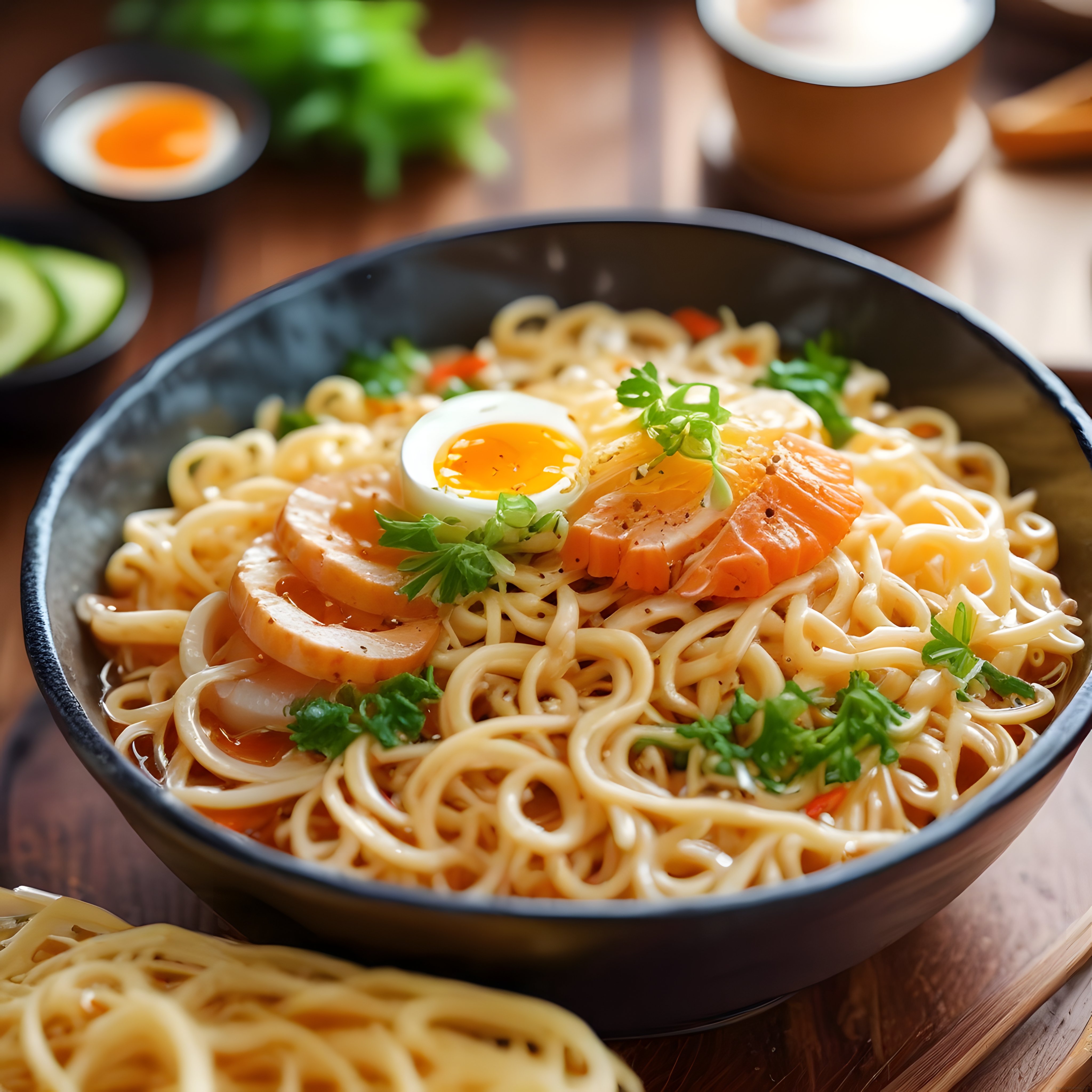 Taze Yeşilliklerle Süslenmiş Somonlu ve Haşlanmış Yumurtalı Asya Noodle Kasesi