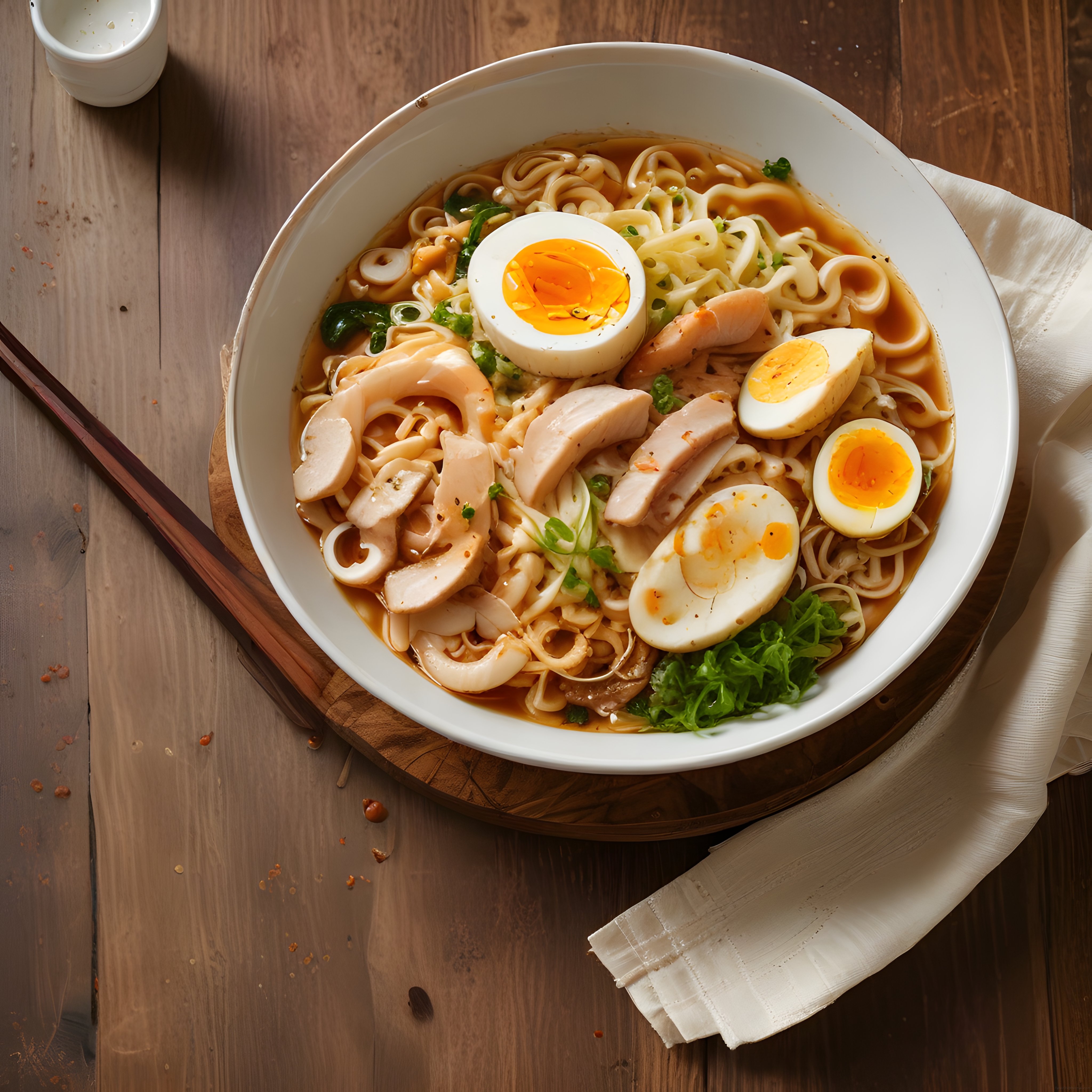 Taze Yeşilliklerle Süslenmiş Tavuklu ve Yumurtalı Japon Ramen Kasesi