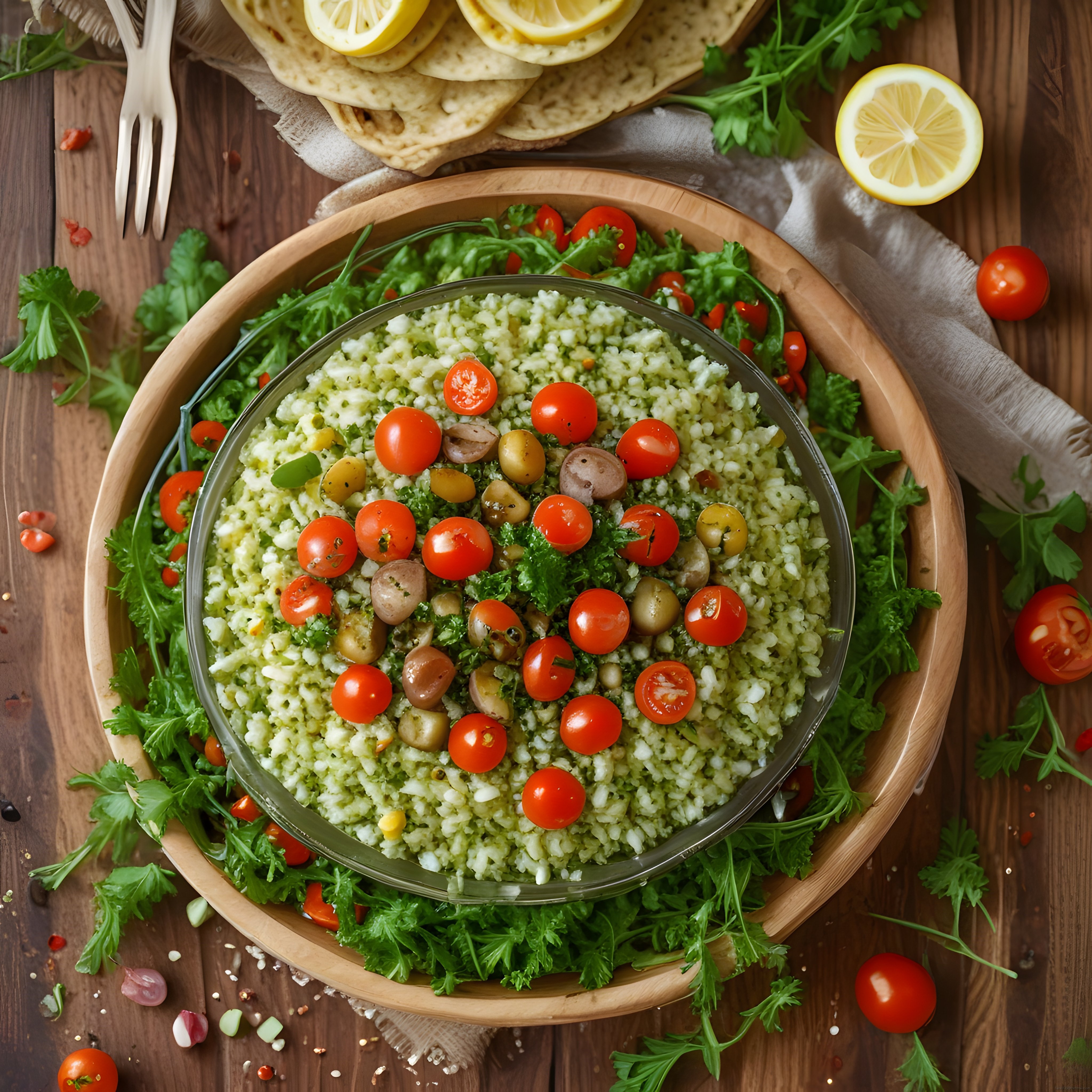 Taze Yeşilliklerle Süslenmiş Zeytinli Domatesli Bulgur Salatası Sunumu