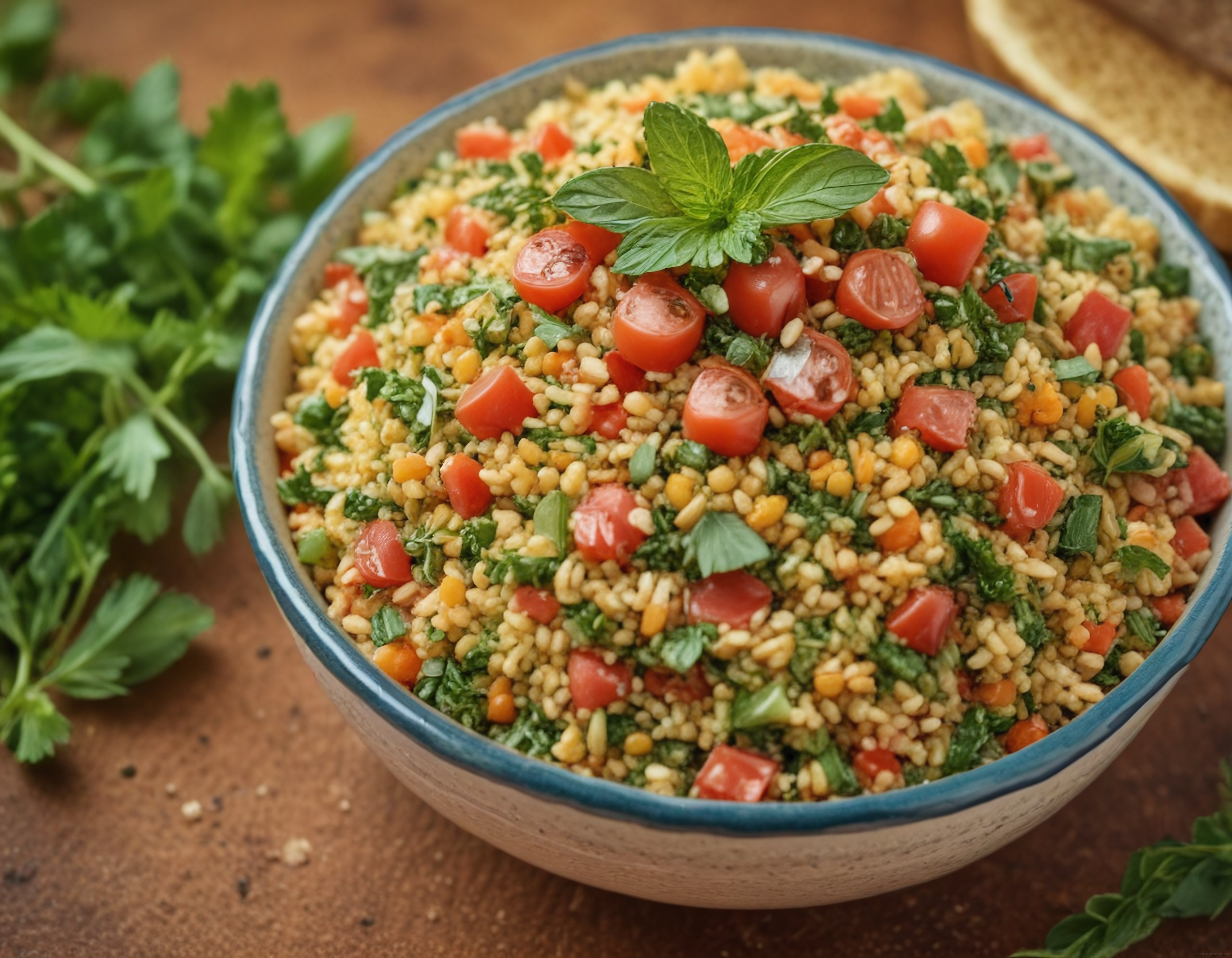 Taze Yeşilliklerle Zenginleştirilmiş Geleneksel Kısır ve Bulgur Salatası Taze Yeşilliklerle Zenginleştirilmiş Geleneksel Kısır ve Bulgur Salatası