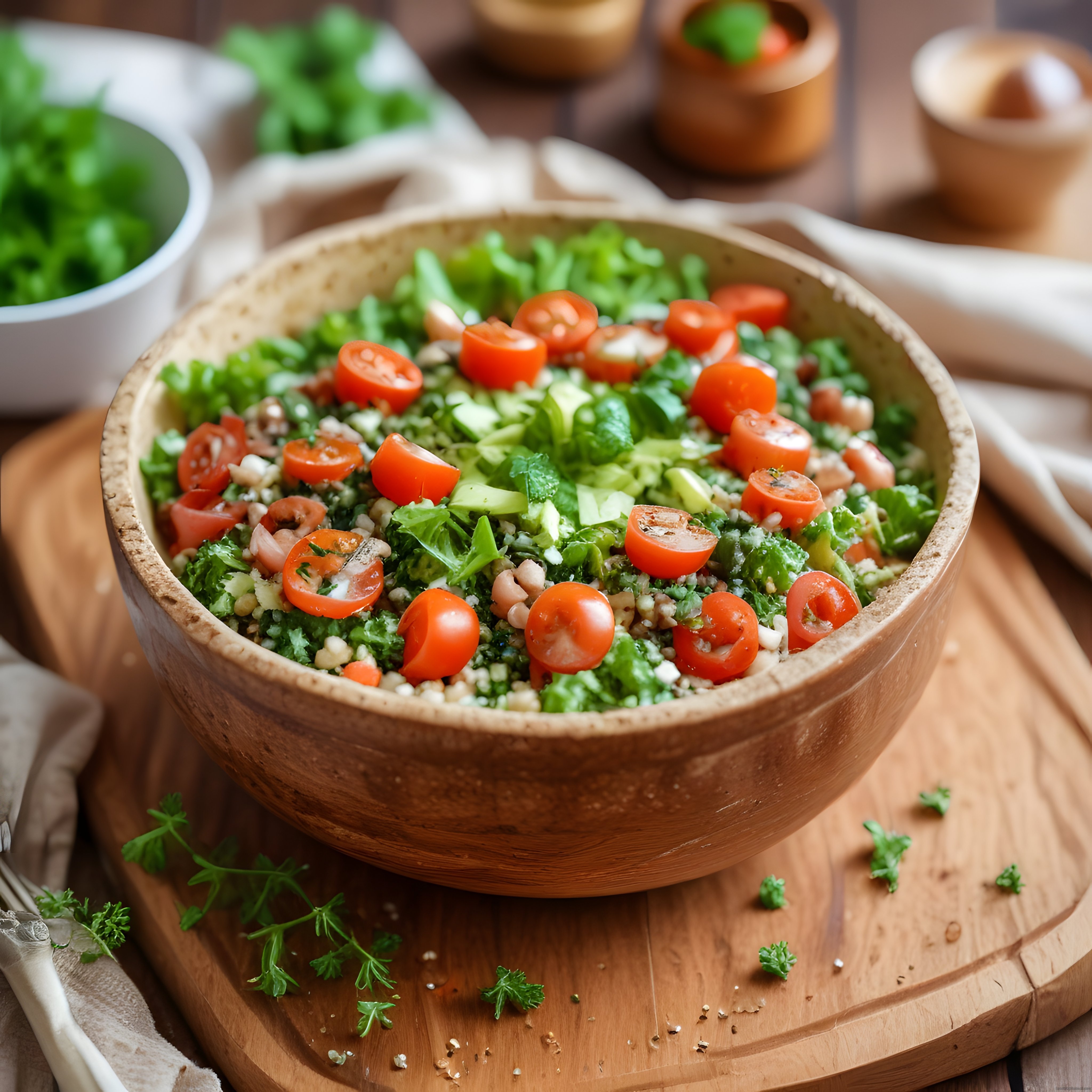 Taze Yeşillikli Bulgur Salatası: Ahşap Kasede Sağlıklı Akdeniz Lezzeti
